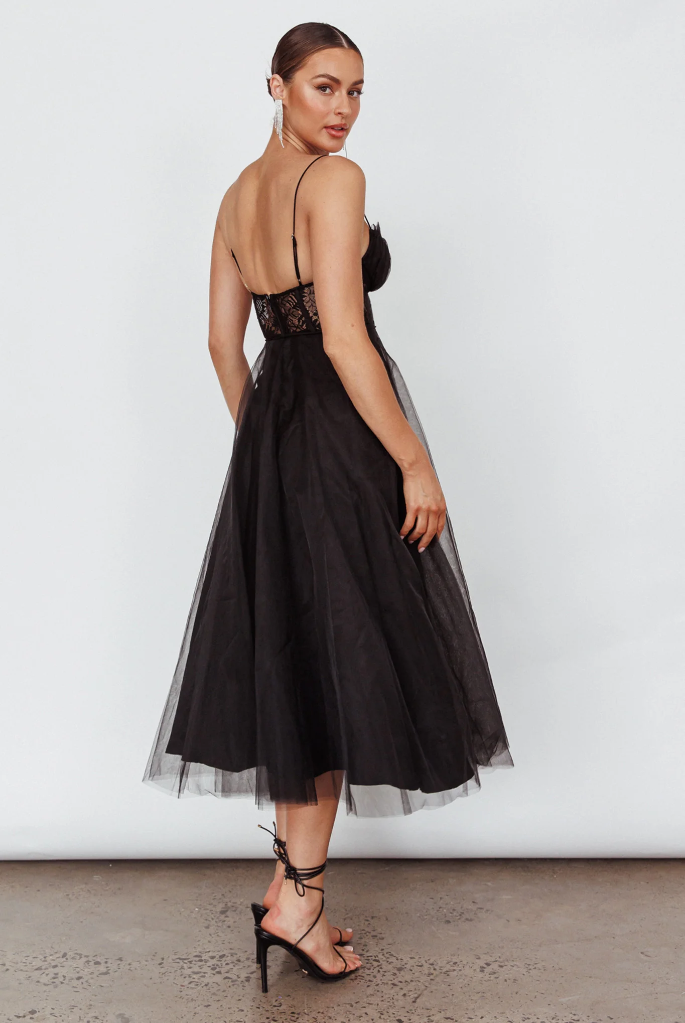 Trophy Lace Bodice Mesh Midi Dress Black - Image 2