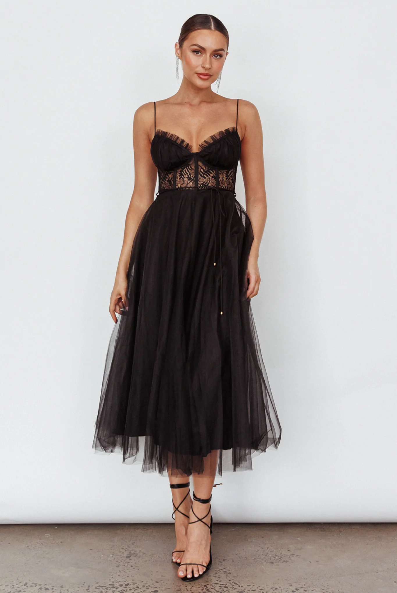 Trophy Lace Bodice Mesh Midi Dress Black - Image 3