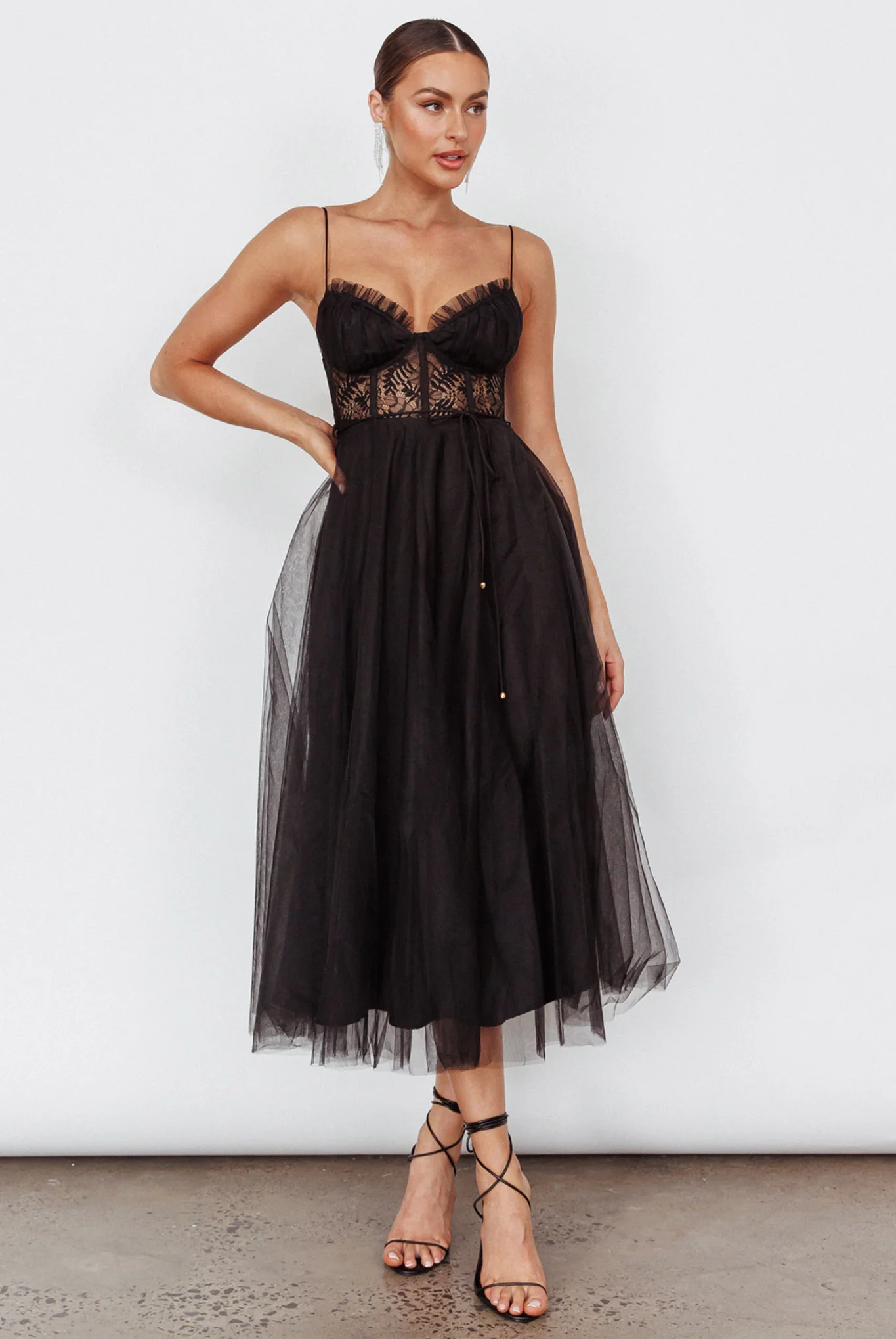 Trophy Lace Bodice Mesh Midi Dress Black - Image 5