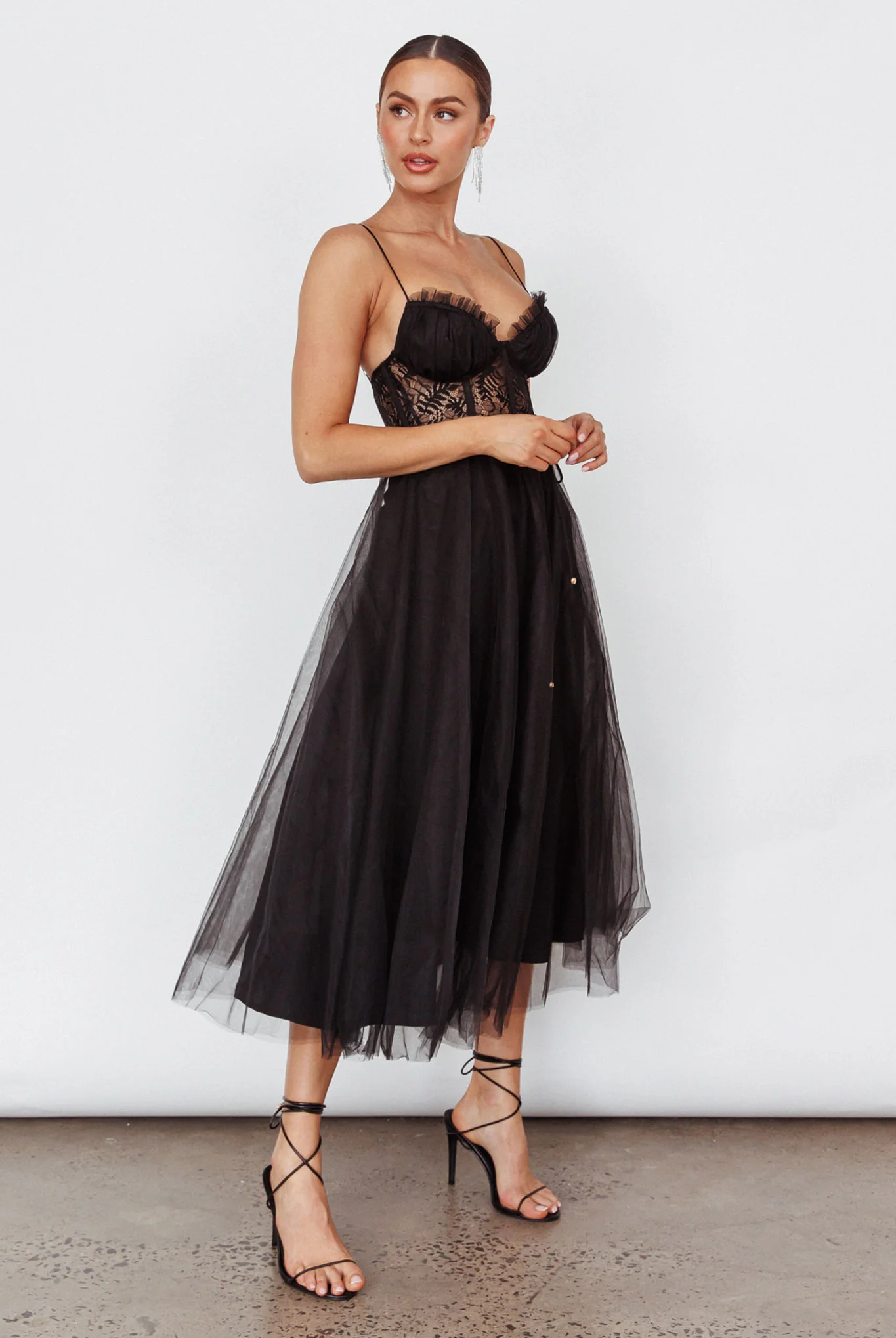 Trophy Lace Bodice Mesh Midi Dress Black - Image 6