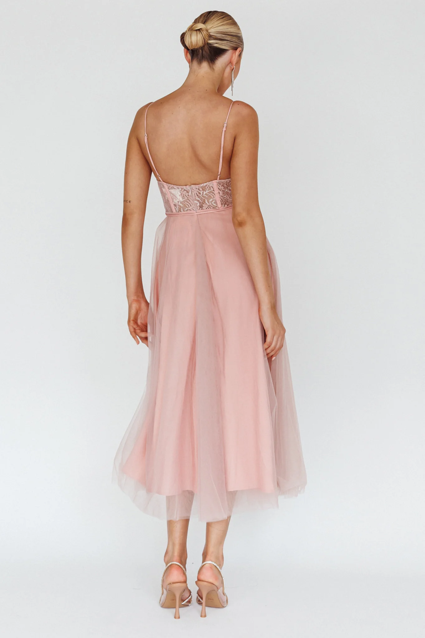 Trophy Lace Bodice Mesh Midi Dress Blush - Image 2