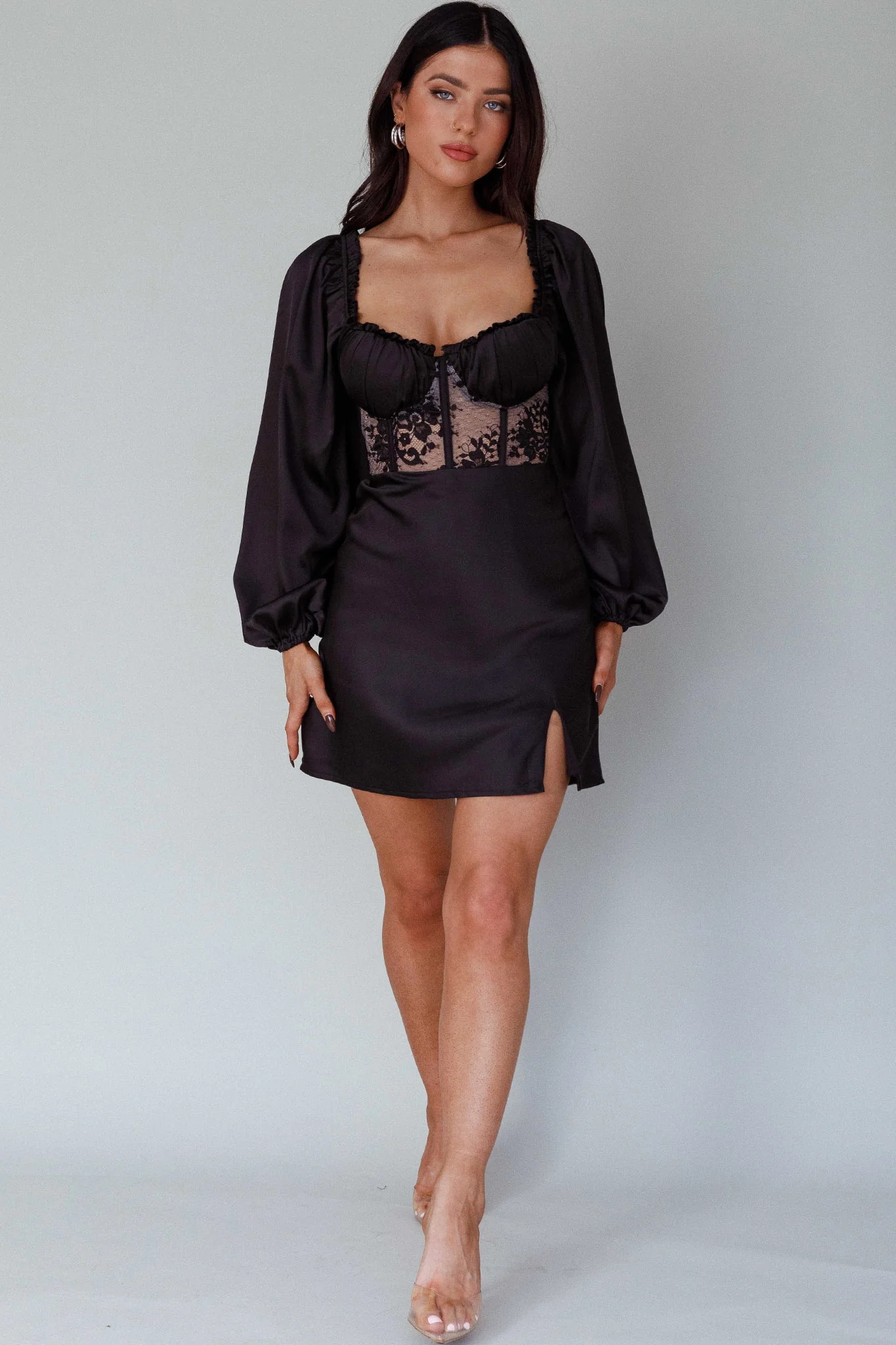 Trophy Long Sleeve Lace Bodice Mini Dress Black - Image 5