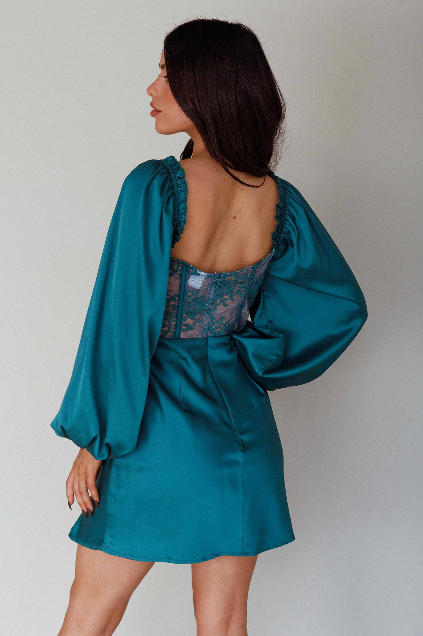 Trophy Long Sleeve Lace Bodice Mini Dress Forest Green - Image 2