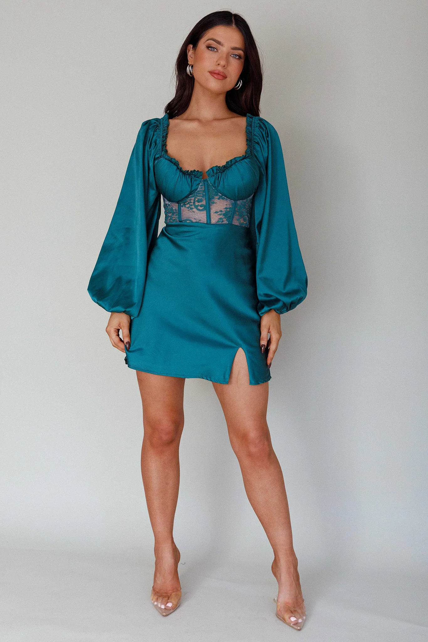 Trophy Long Sleeve Lace Bodice Mini Dress Forest Green - Image 3
