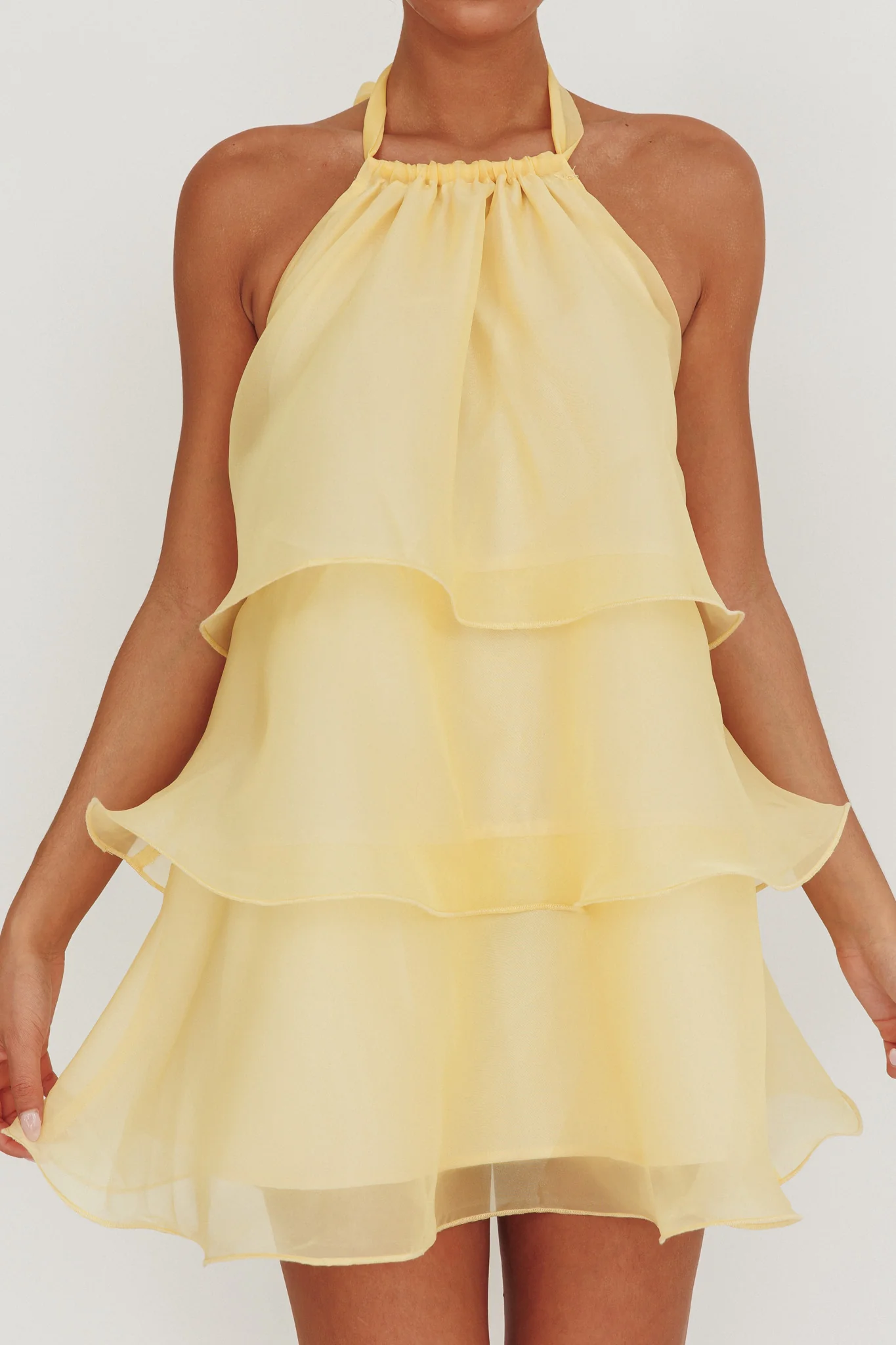 Tulips Tiered Halterneck Mini Dress Lemon - Image 3
