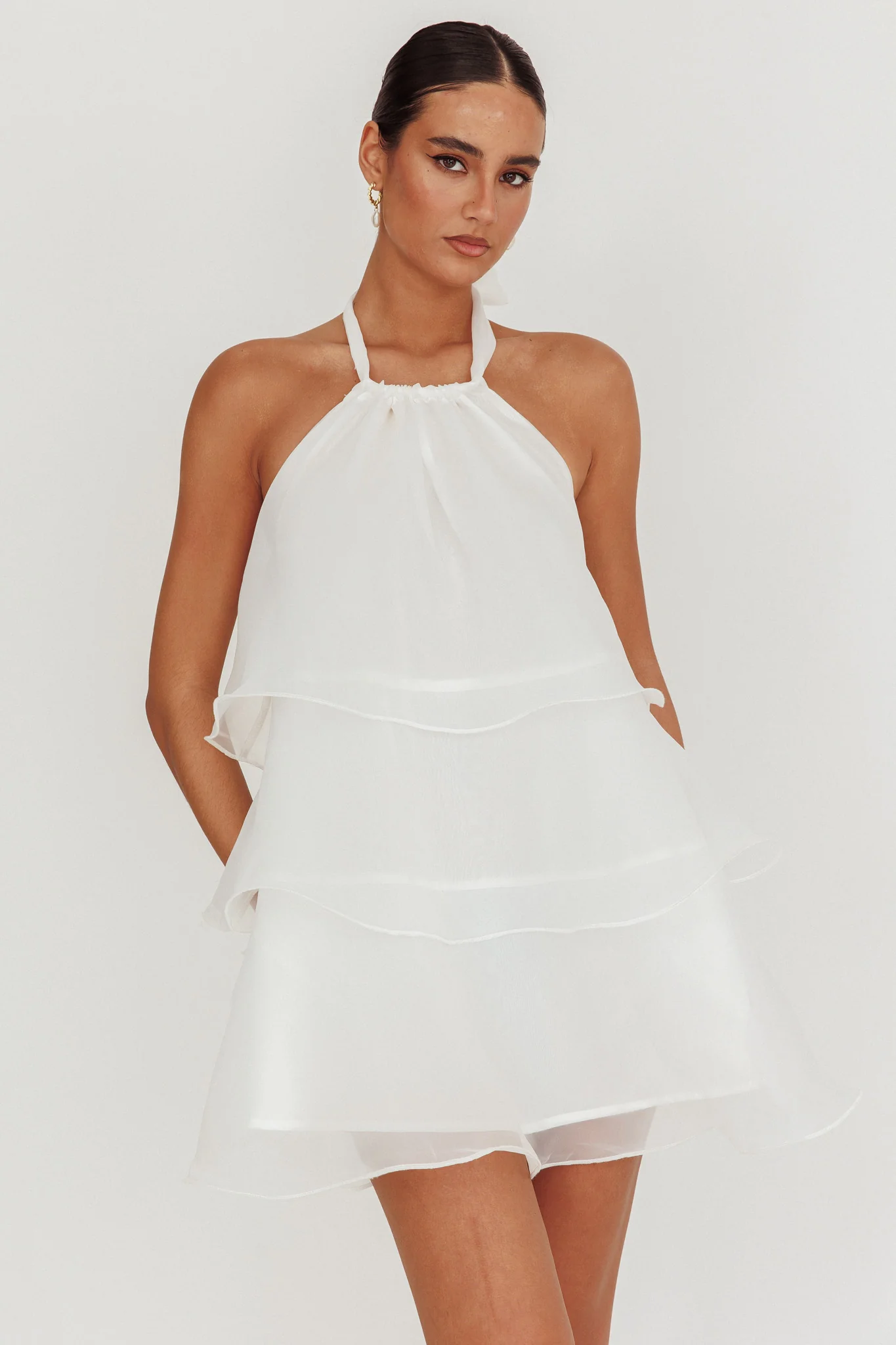 Tulips Tiered Halterneck Mini Dress White - Image 5
