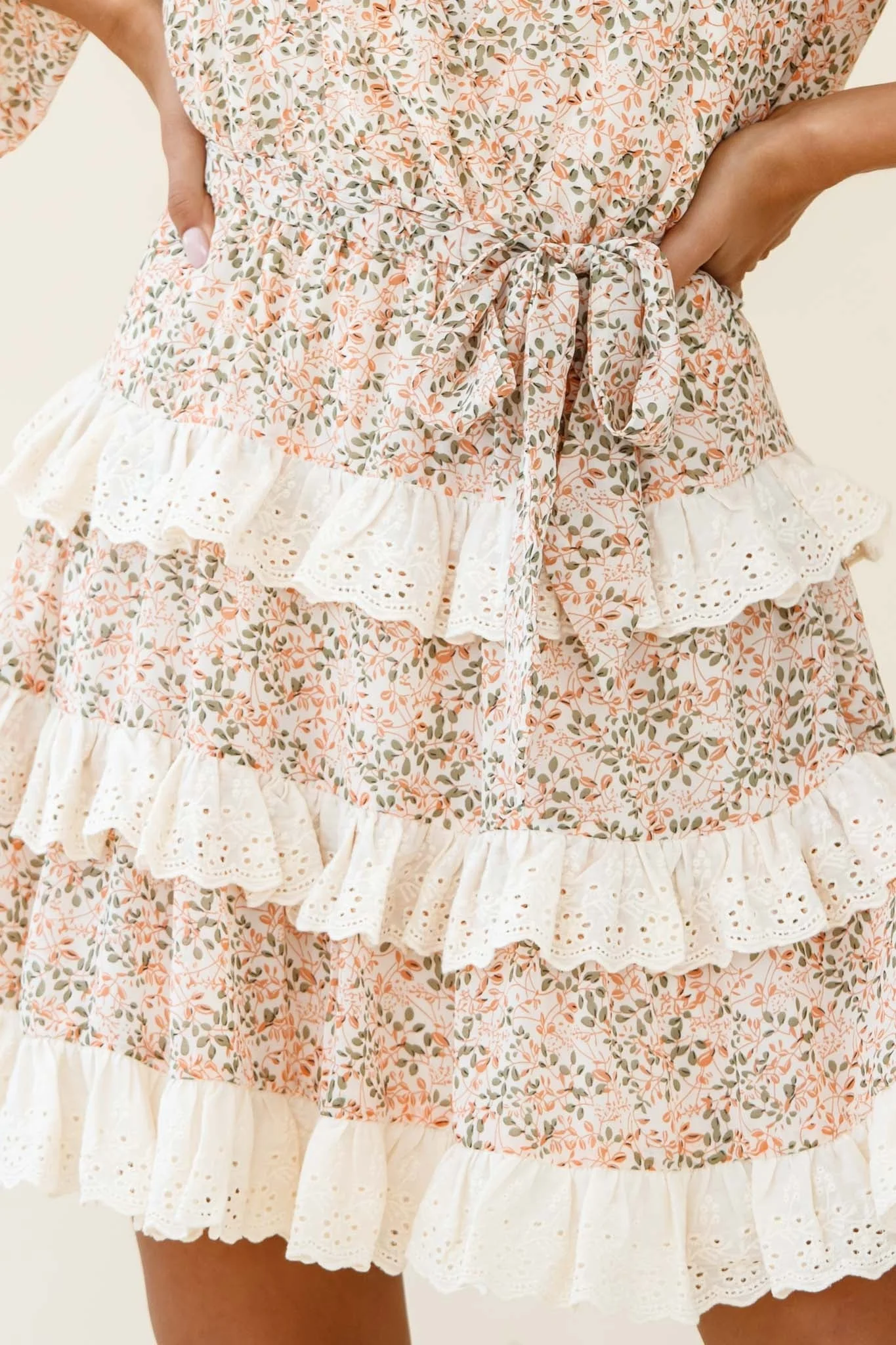 Tulsa 3/4 Sleeve Waist Tie Frill Dress Floral Print Nude - Image 4