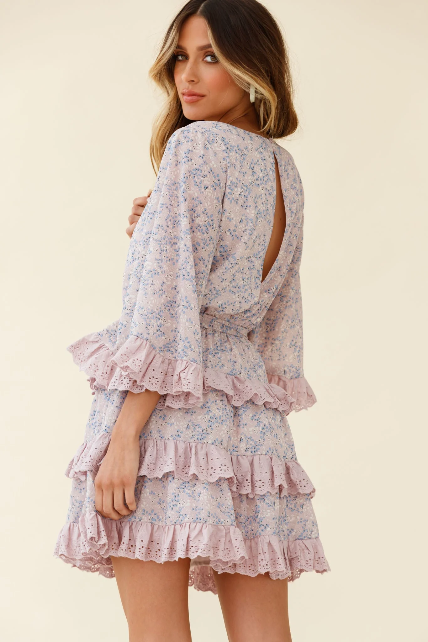 Tulsa 3/4 Sleeve Waist Tie Frill Dress Floral Print Pink - Image 3