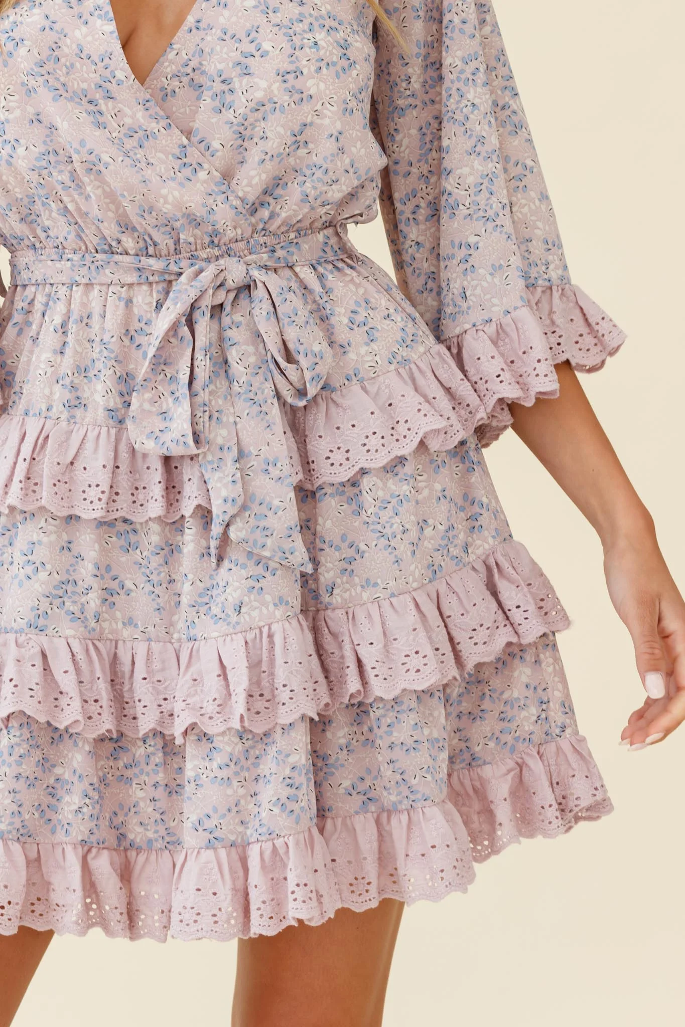 Tulsa 3/4 Sleeve Waist Tie Frill Dress Floral Print Pink - Image 6