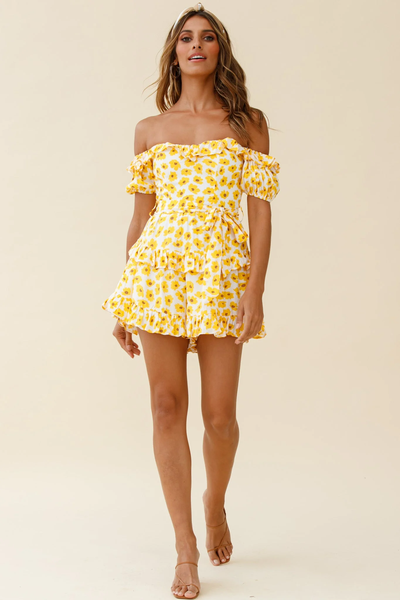 Tulsa Off Shoulder Waist Tie Frill Romper Floral Print White/Yellow - Image 2