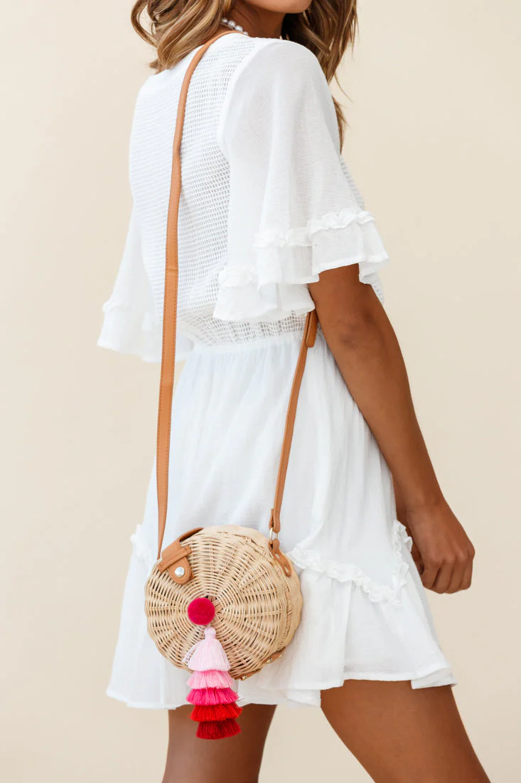 Tulum Woven Circle Tassel Trim Bag Pink - Image 2