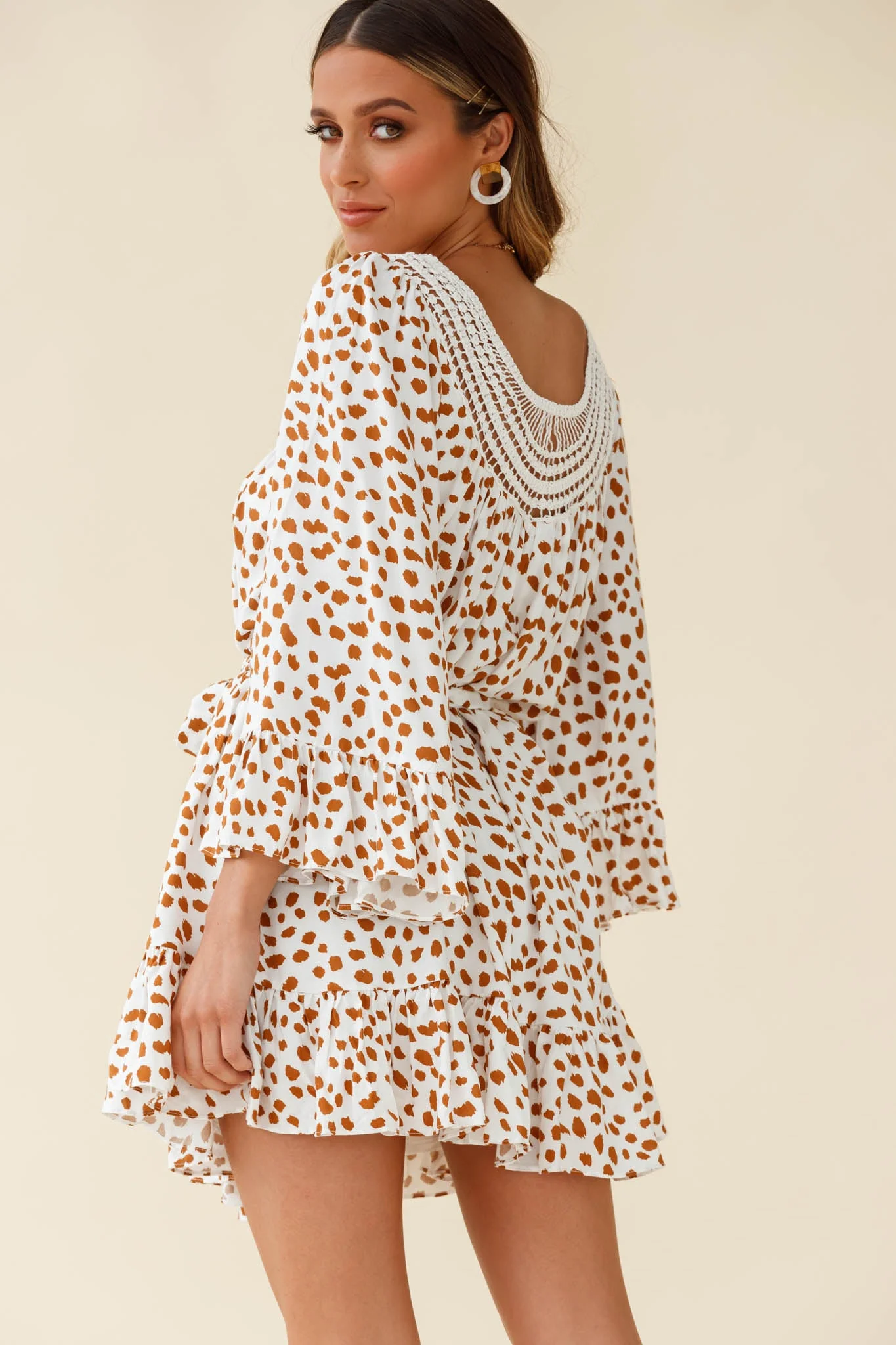 Turn Back Time Long Sleeve Crochet Neckline Dress Animal Print White/Brown - Image 3
