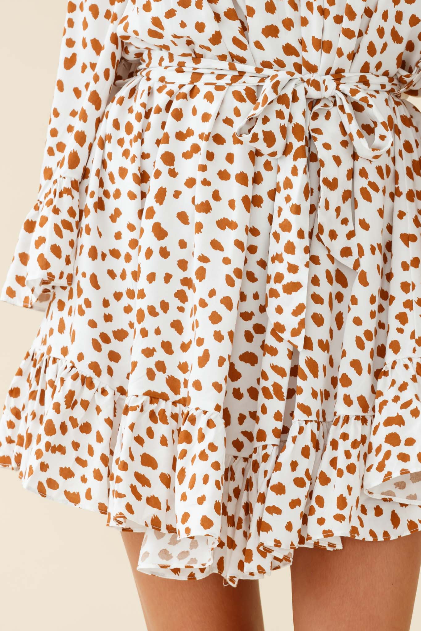 Turn Back Time Long Sleeve Crochet Neckline Dress Animal Print White/Brown - Image 4