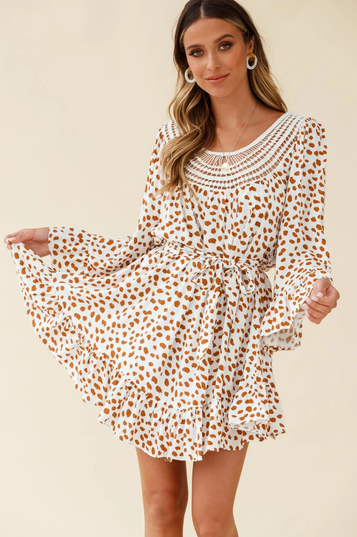 Turn Back Time Long Sleeve Crochet Neckline Dress Animal Print White/Brown - Image 5