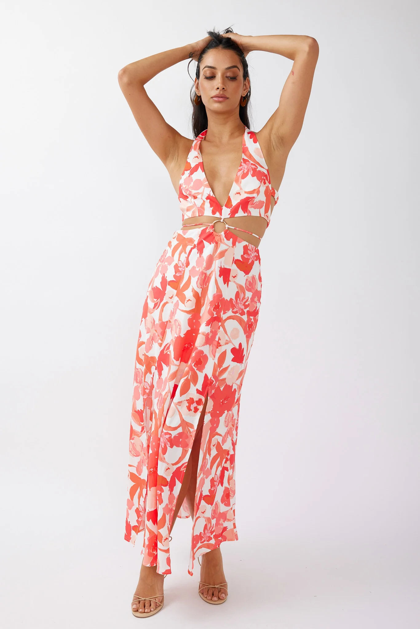 Tuscan Summers Cut-Out Midi Dress Floral Red - Image 5