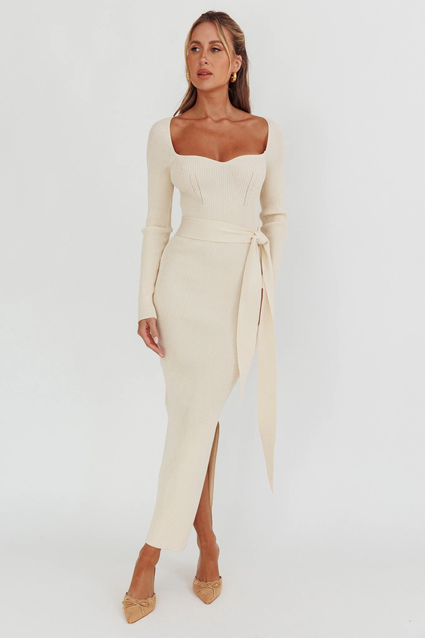 Twilight Moments Long Sleeve Knit Dress Cream - Image 3