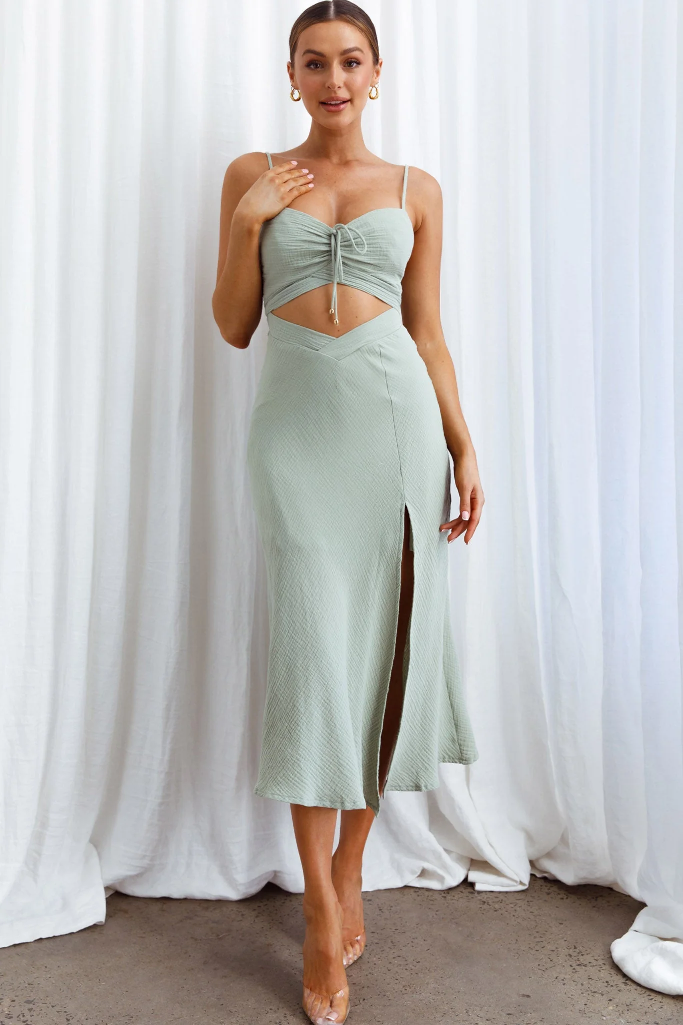 Twin Flame Drawstring Bust Midi Dress Sage - Image 4