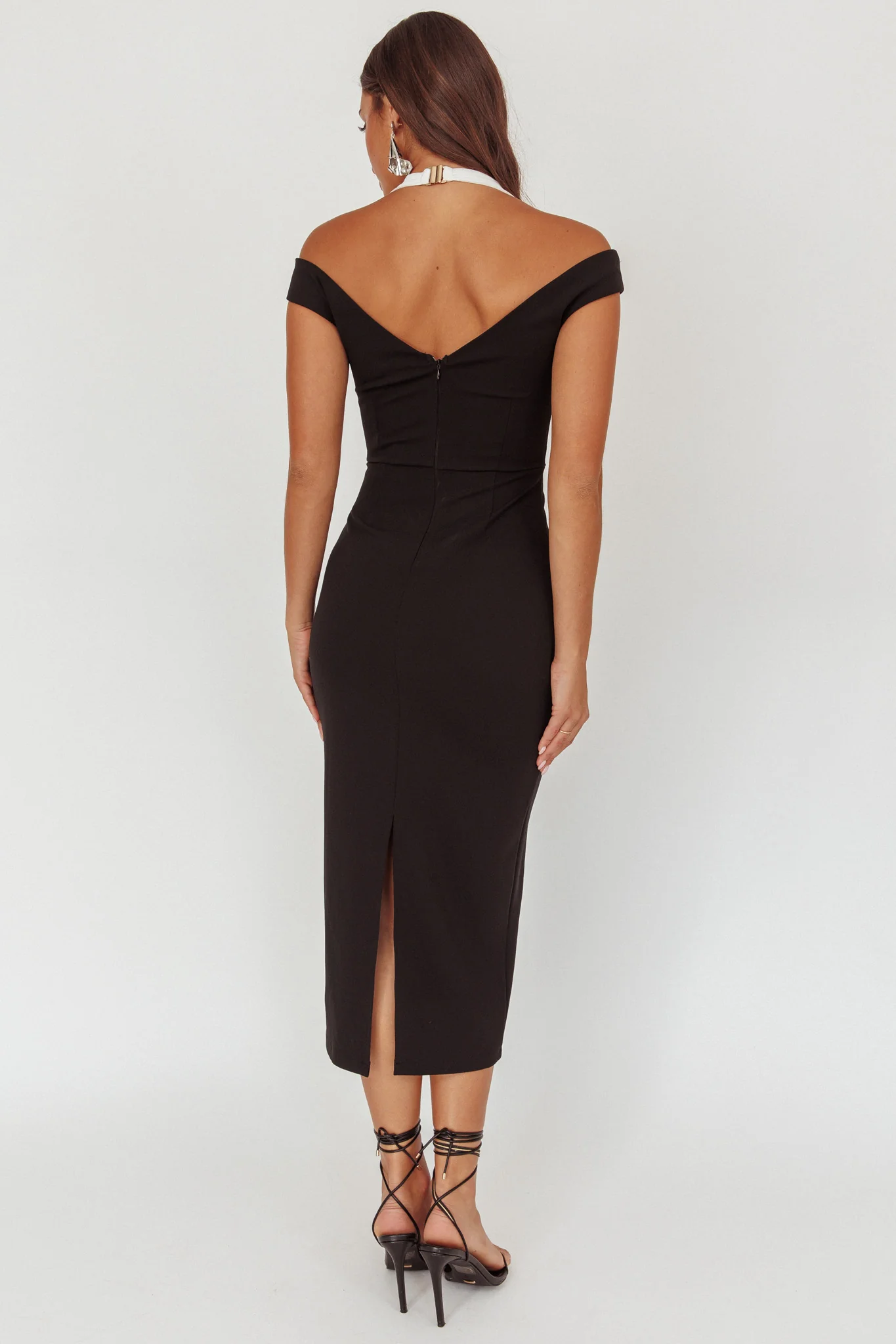 Tyla Contrast Mesh Halter Midi Dress Black - Image 3