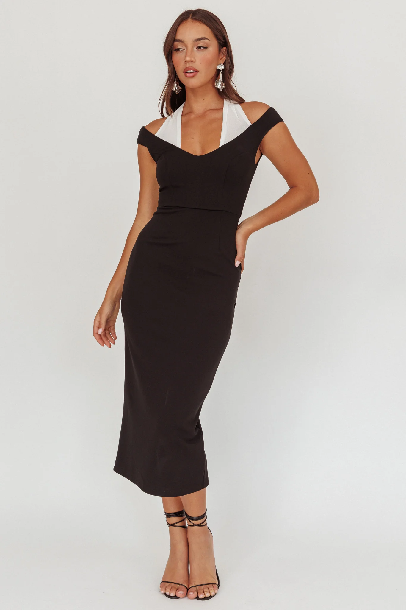 Tyla Contrast Mesh Halter Midi Dress Black - Image 5