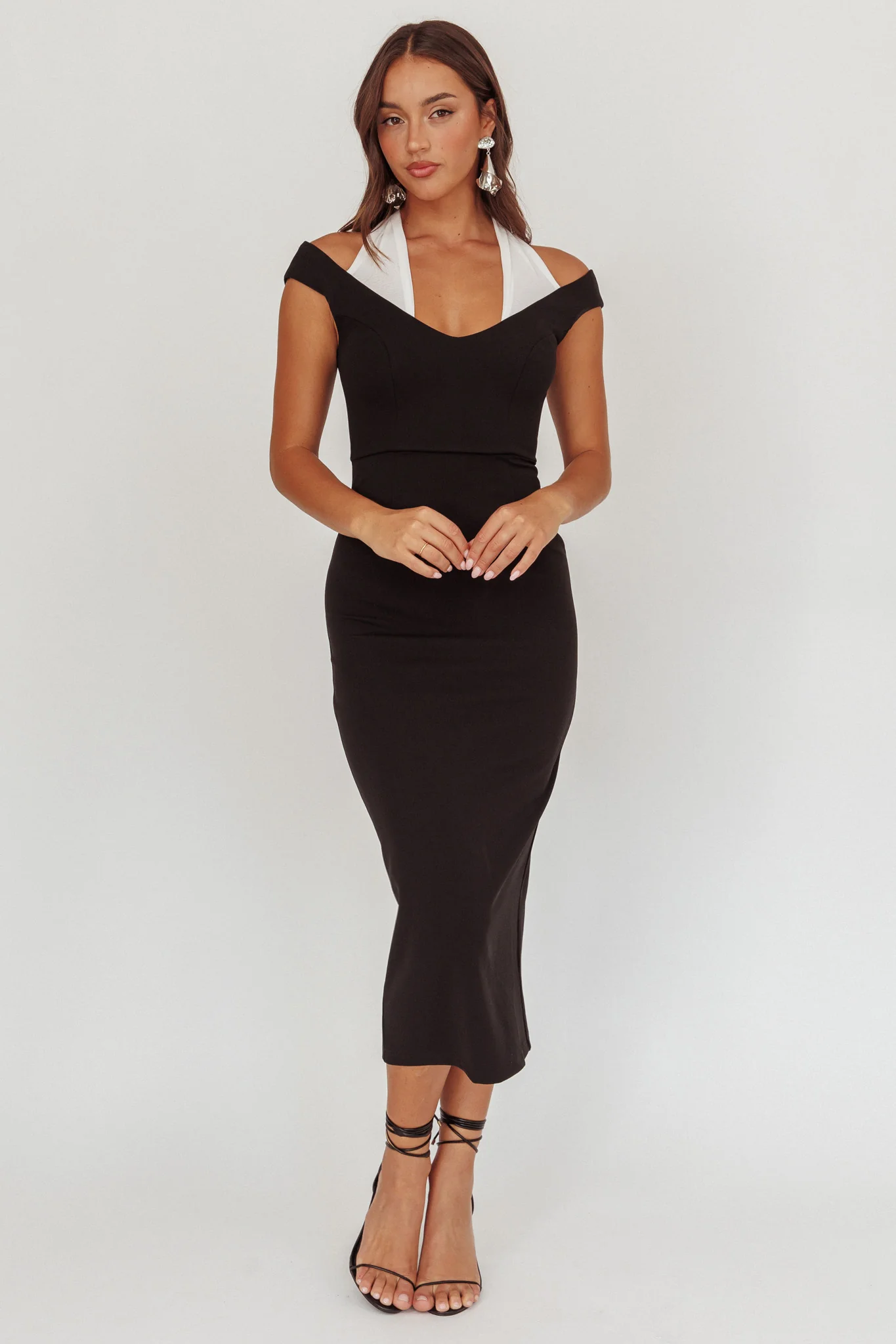 Tyla Contrast Mesh Halter Midi Dress Black - Image 6