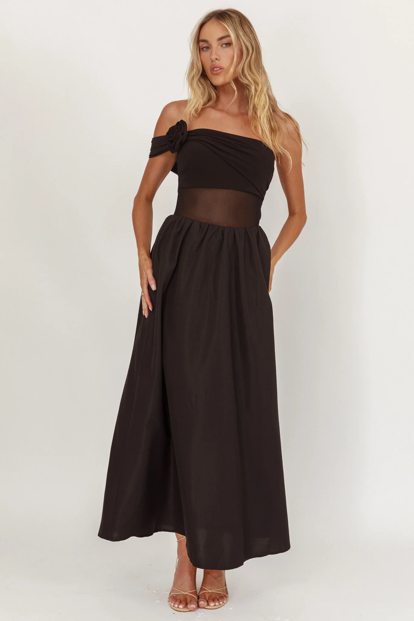 Uma One Sleeve Sheer Waist Midi Dress Black - Image 5