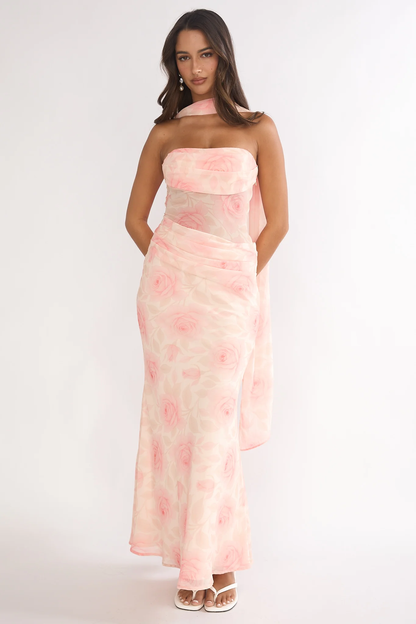 Unforgettable Day Drape Waist Strapless Maxi Dress Roses Floral - Image 3