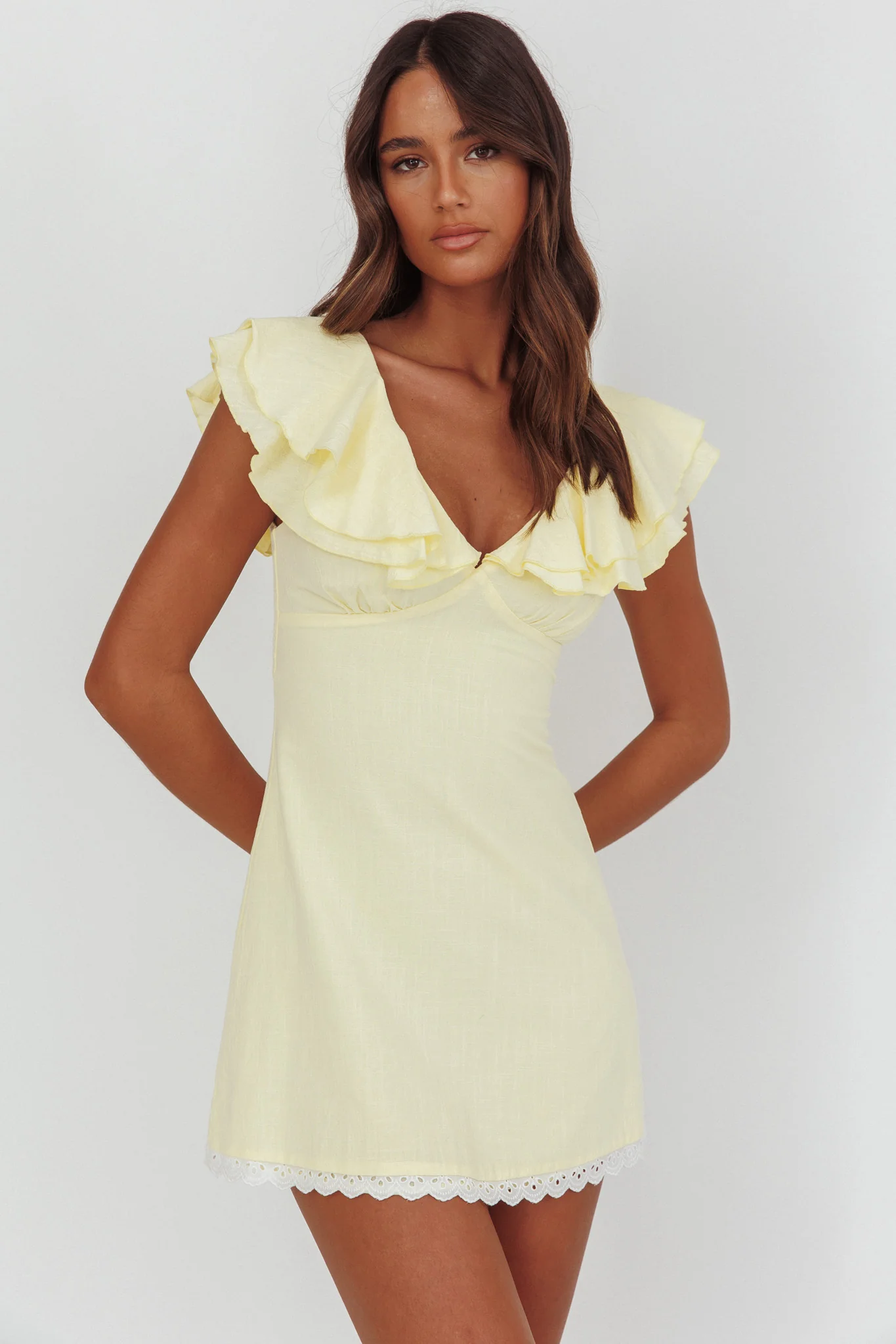 Unpredictable Layered Ruffle Neckline Mini Dress Butter