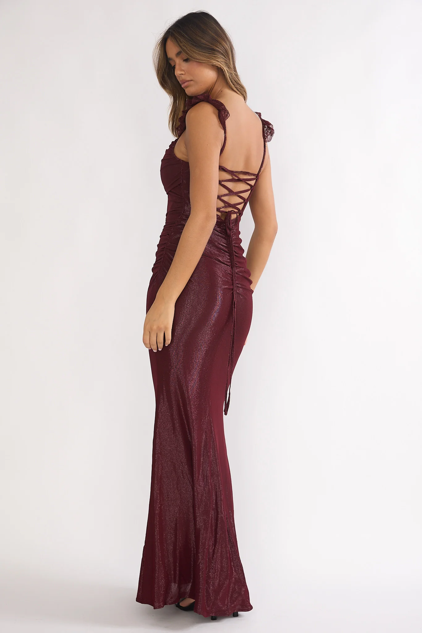 Valara Lace-Up Back Maxi Dress Wine - Image 2