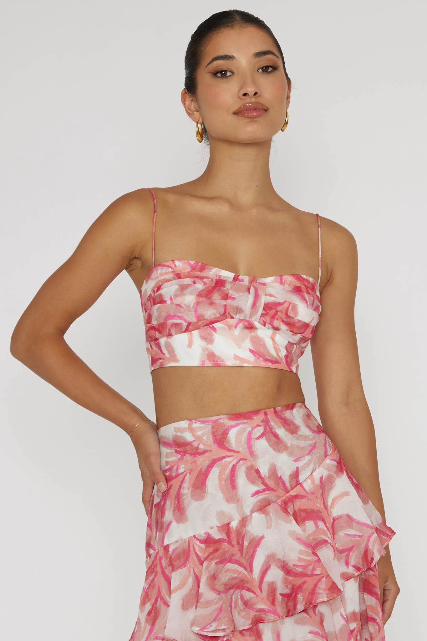 Veda Pleat Crop Top Floral Pink - Image 5