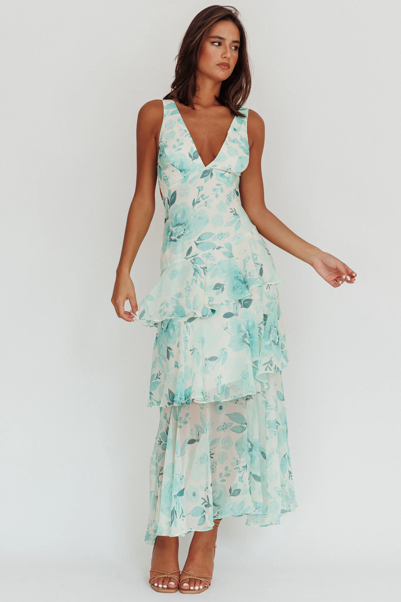 Veda Strappy Back Ruffle Maxi Dress Floral Green - Image 3