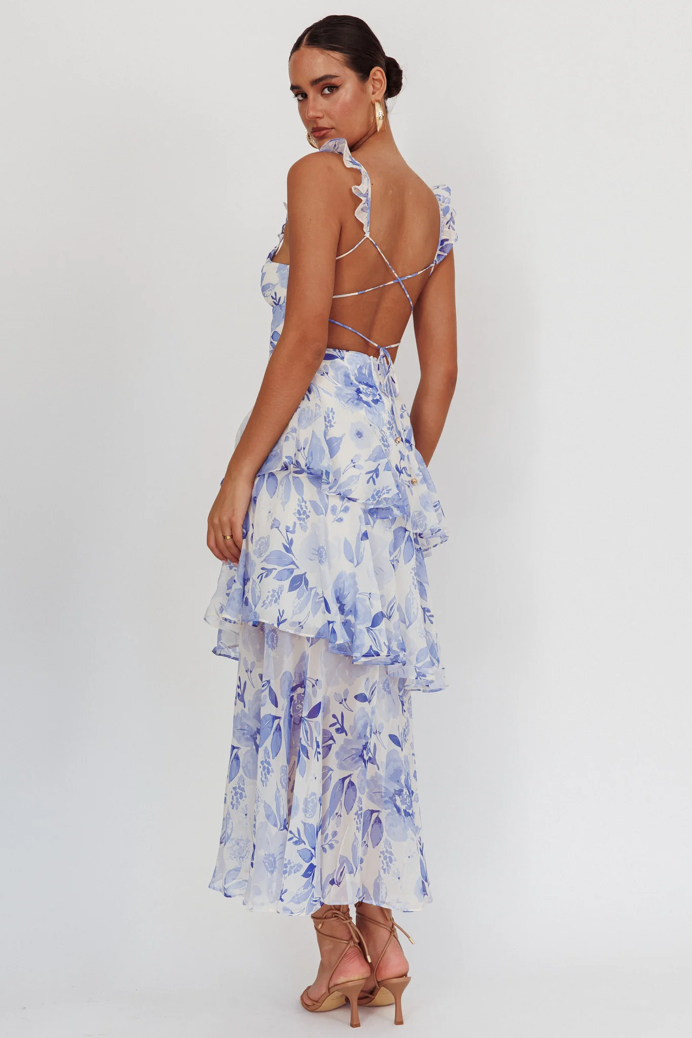 Veda Strappy Back Ruffle Maxi Dress Flowers Blue - Image 2