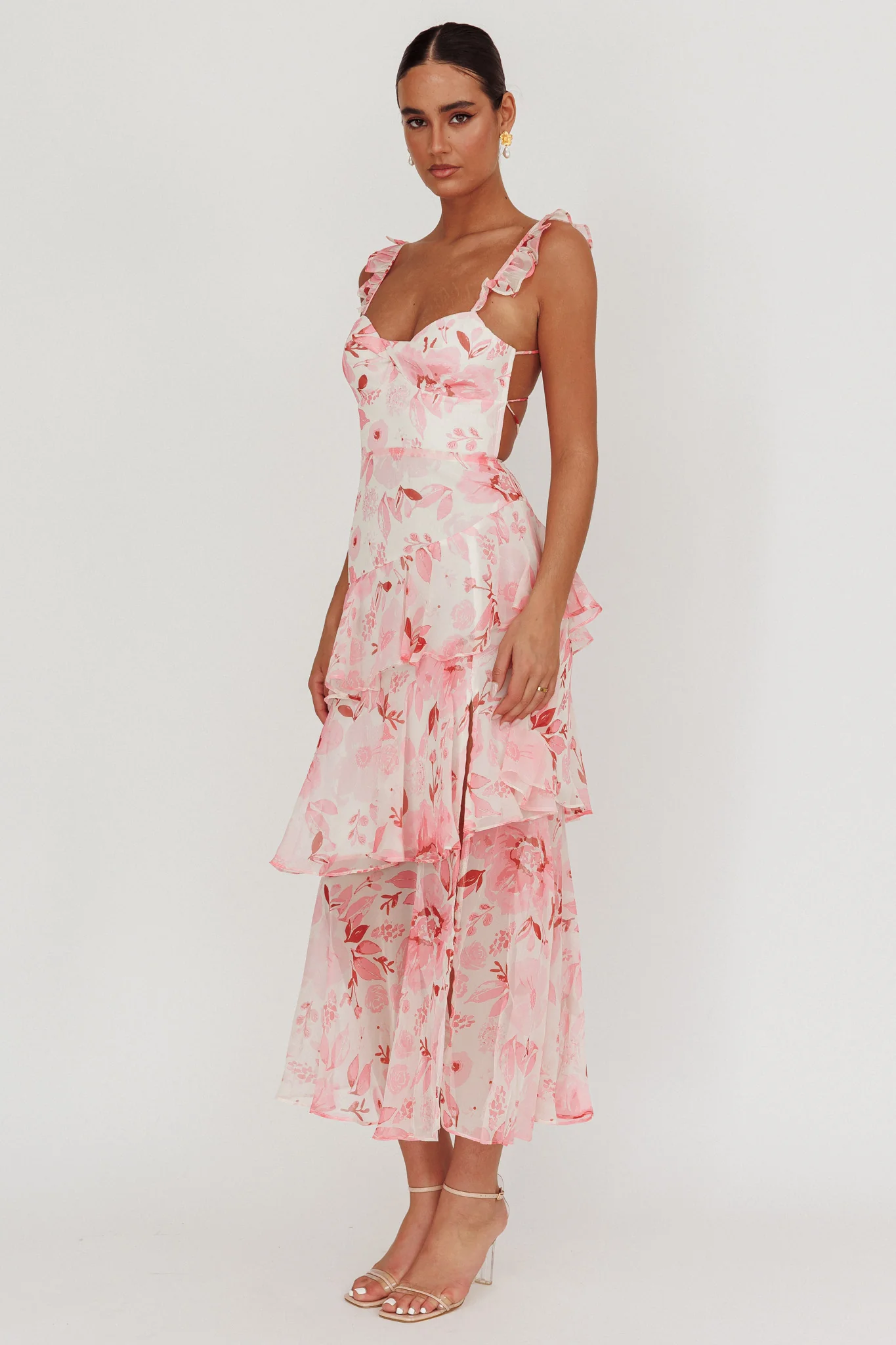 Veda Strappy Back Ruffle Maxi Dress Flowers Blush - Image 4