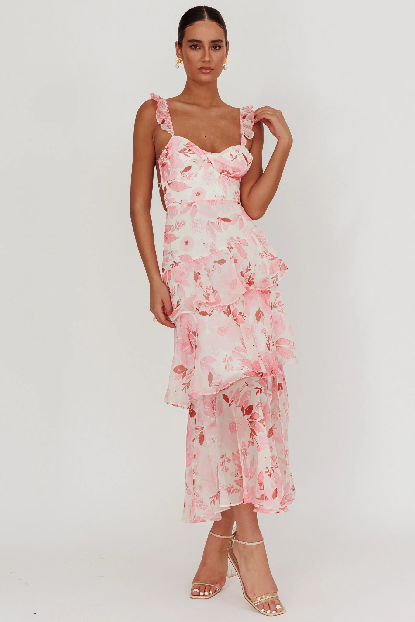 Veda Strappy Back Ruffle Maxi Dress Flowers Blush - Image 5