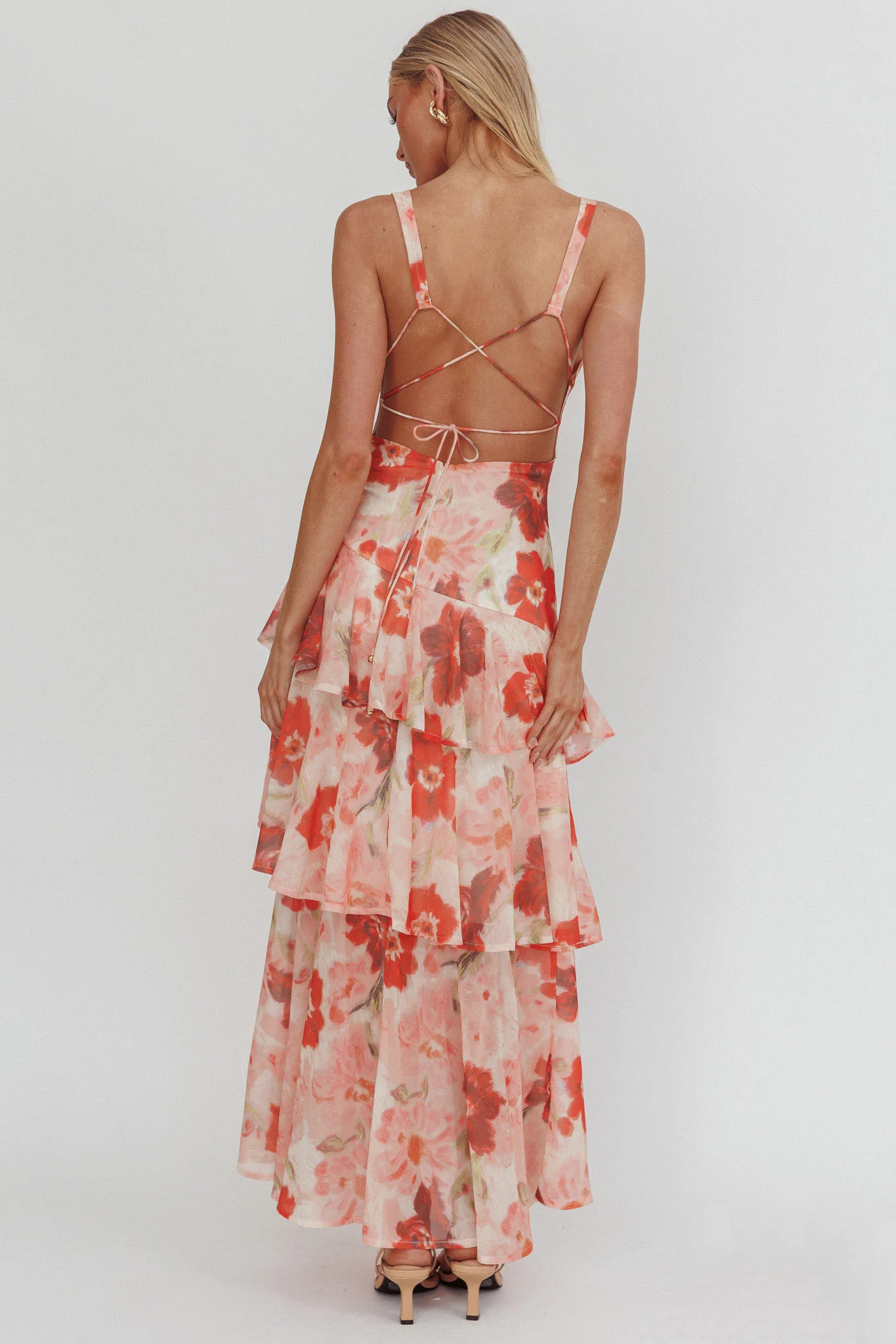 Veda Strappy Back Ruffle Maxi Dress Poppies Red - Image 2