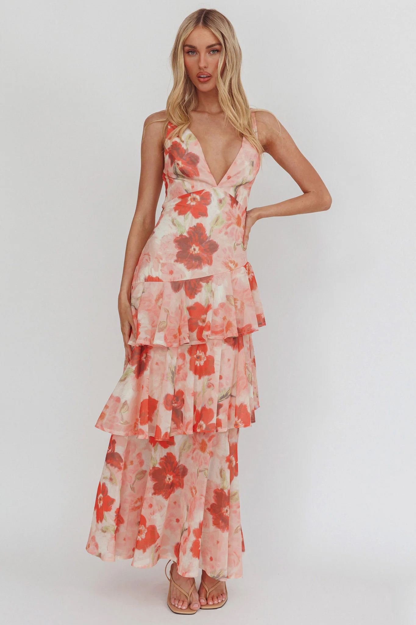 Veda Strappy Back Ruffle Maxi Dress Poppies Red - Image 4