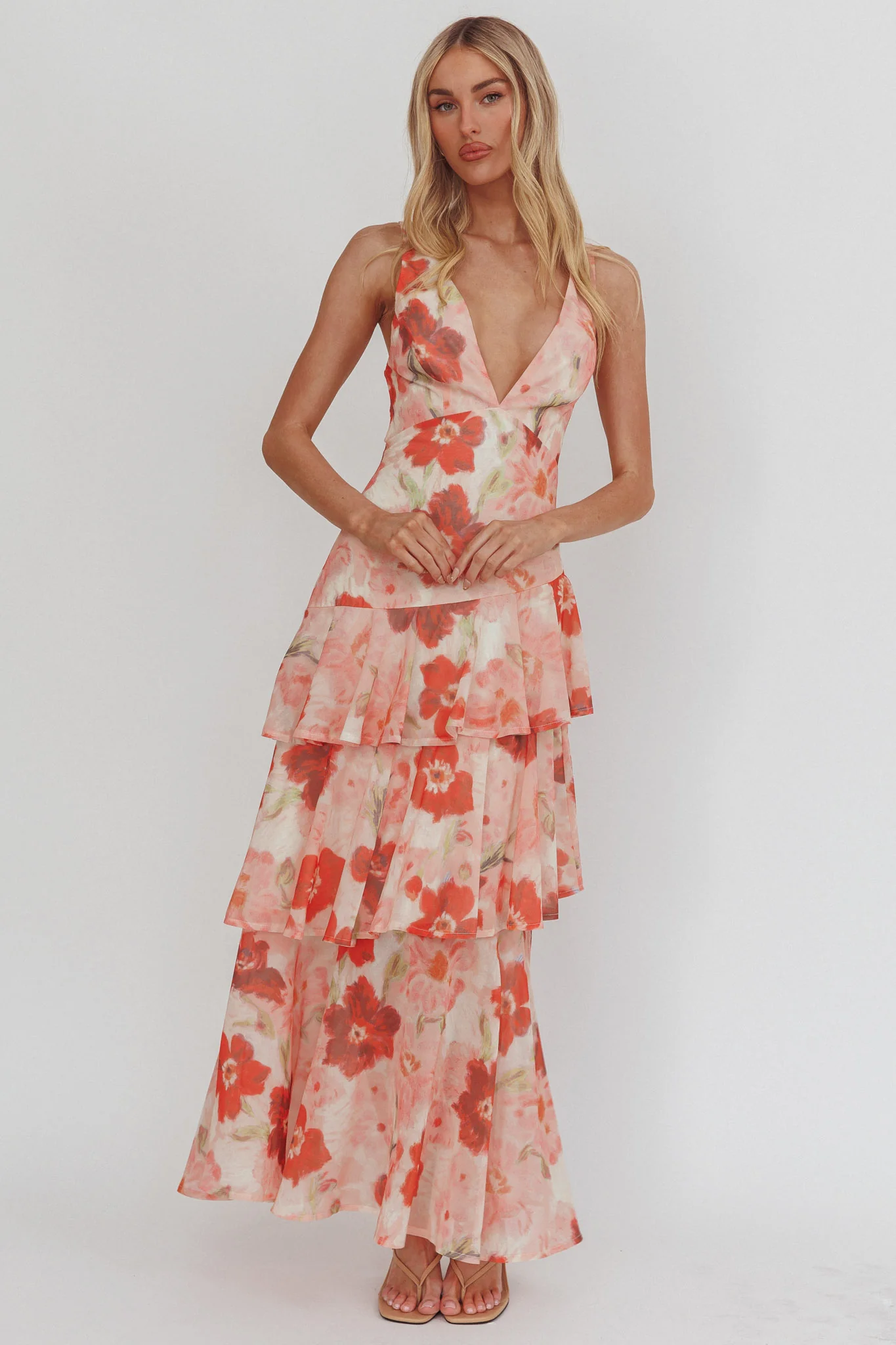 Veda Strappy Back Ruffle Maxi Dress Poppies Red - Image 5