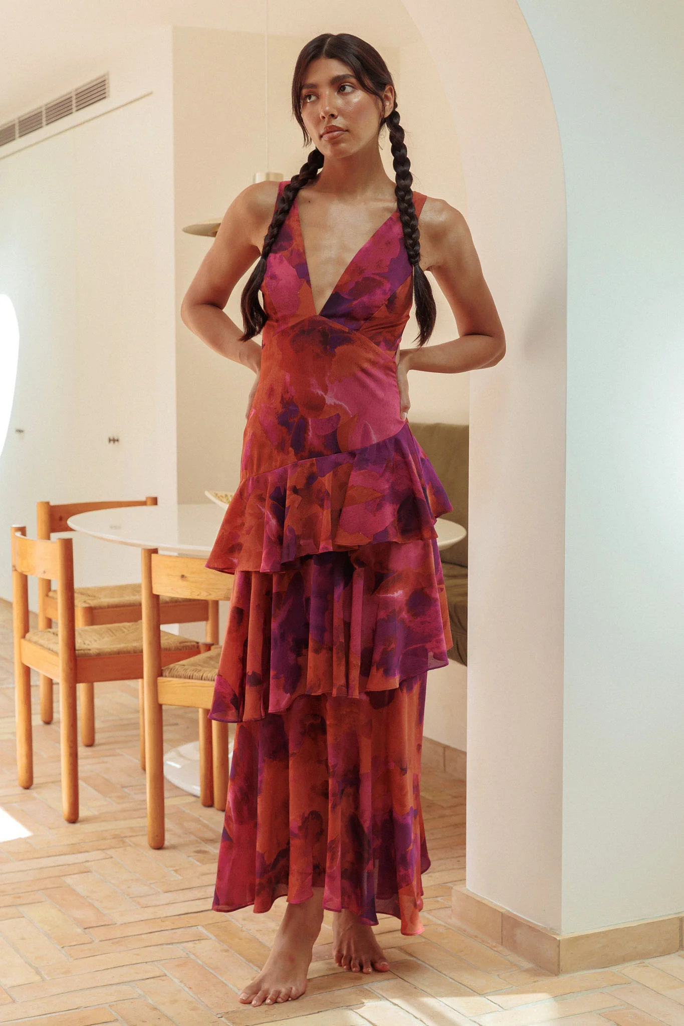 Veda Strappy Back Ruffle Midi Dress Dark Rose - Image 3