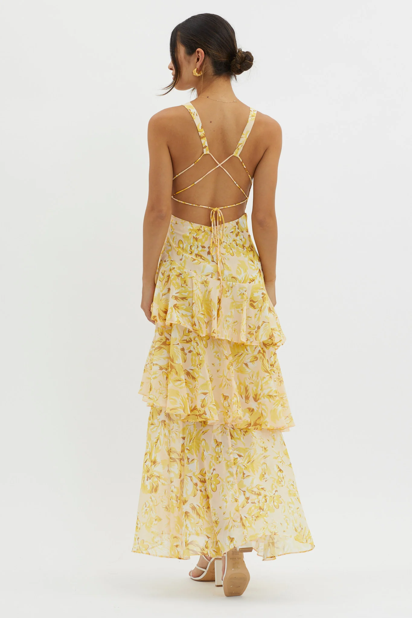 Veda Strappy Back Ruffle Midi Dress Floral Yellow - Image 2
