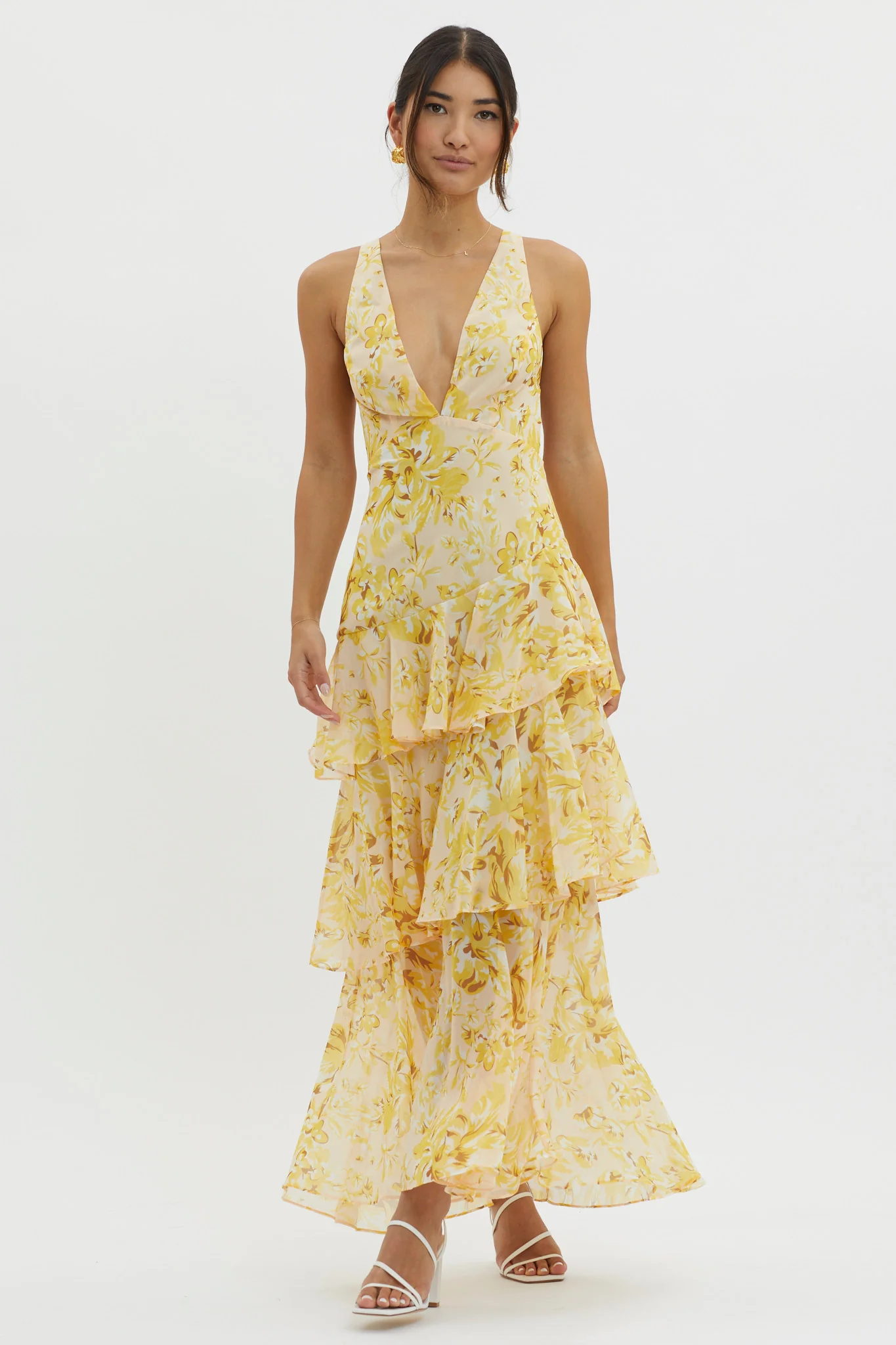 Veda Strappy Back Ruffle Midi Dress Floral Yellow - Image 3