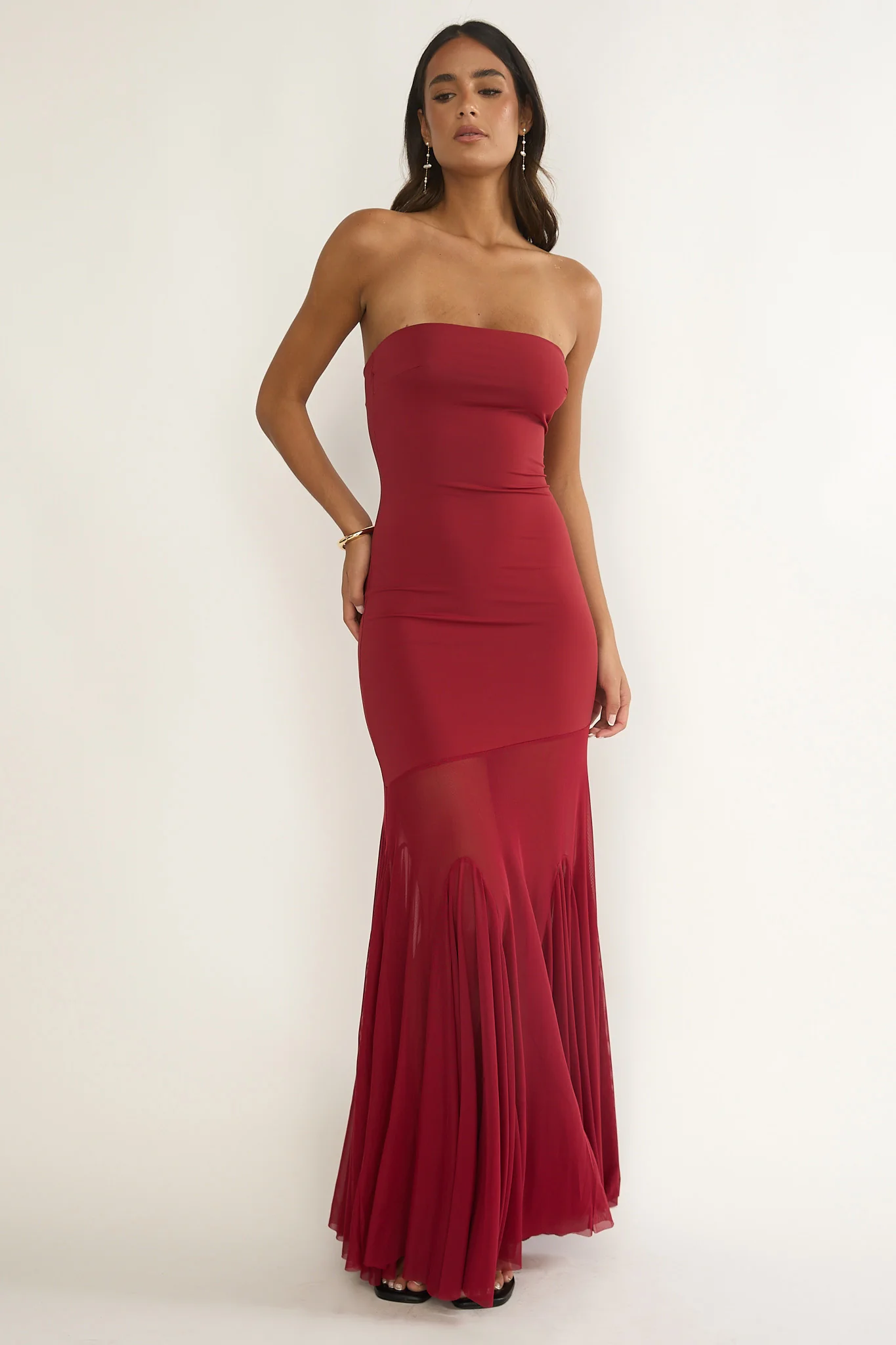 Velvet Rope Strapless Mesh Maxi Dress Wine