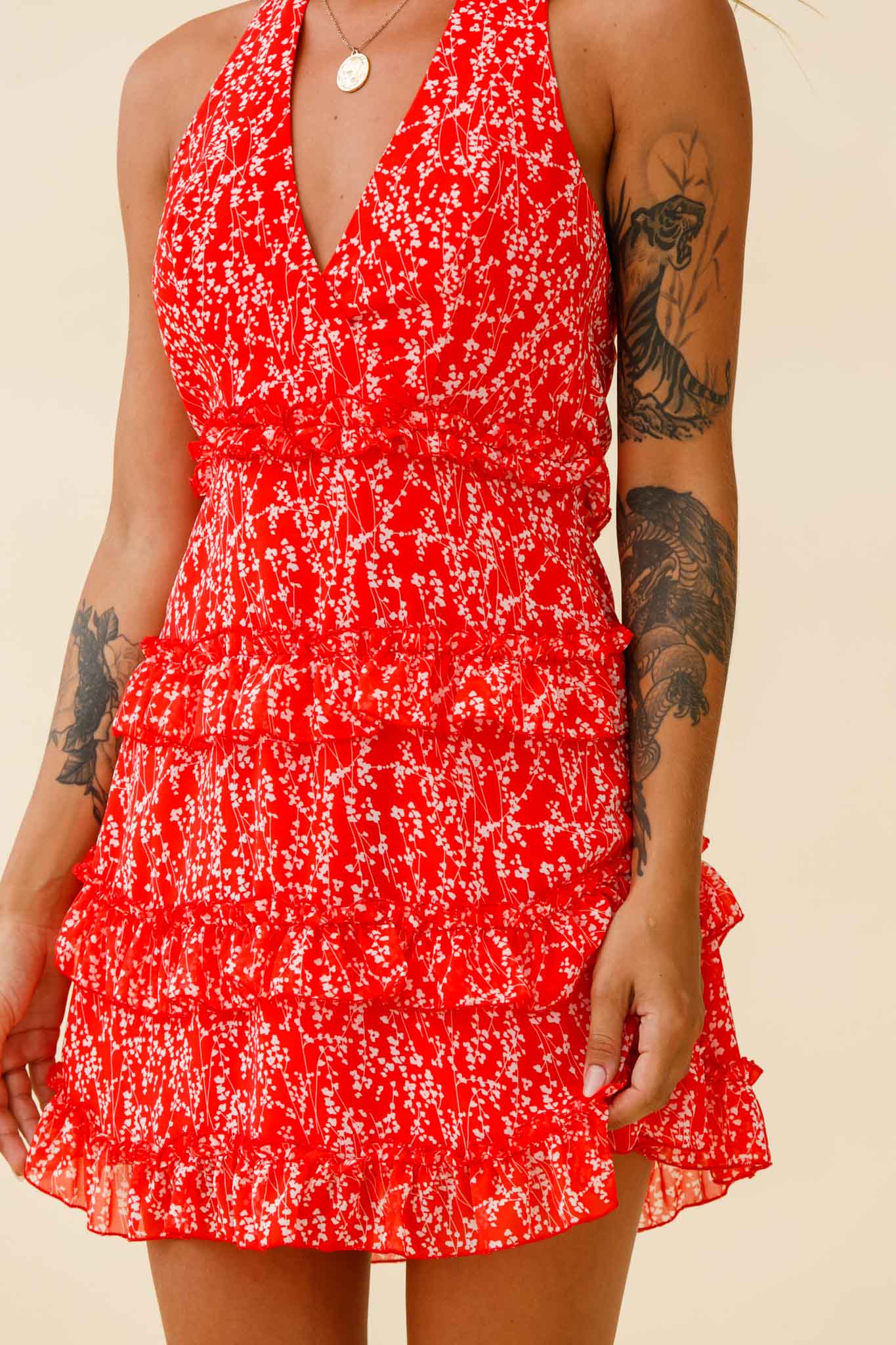 Venezuela Ruffle Trim Tie-Back Halterneck Dress Floral Print Red/White - Image 4