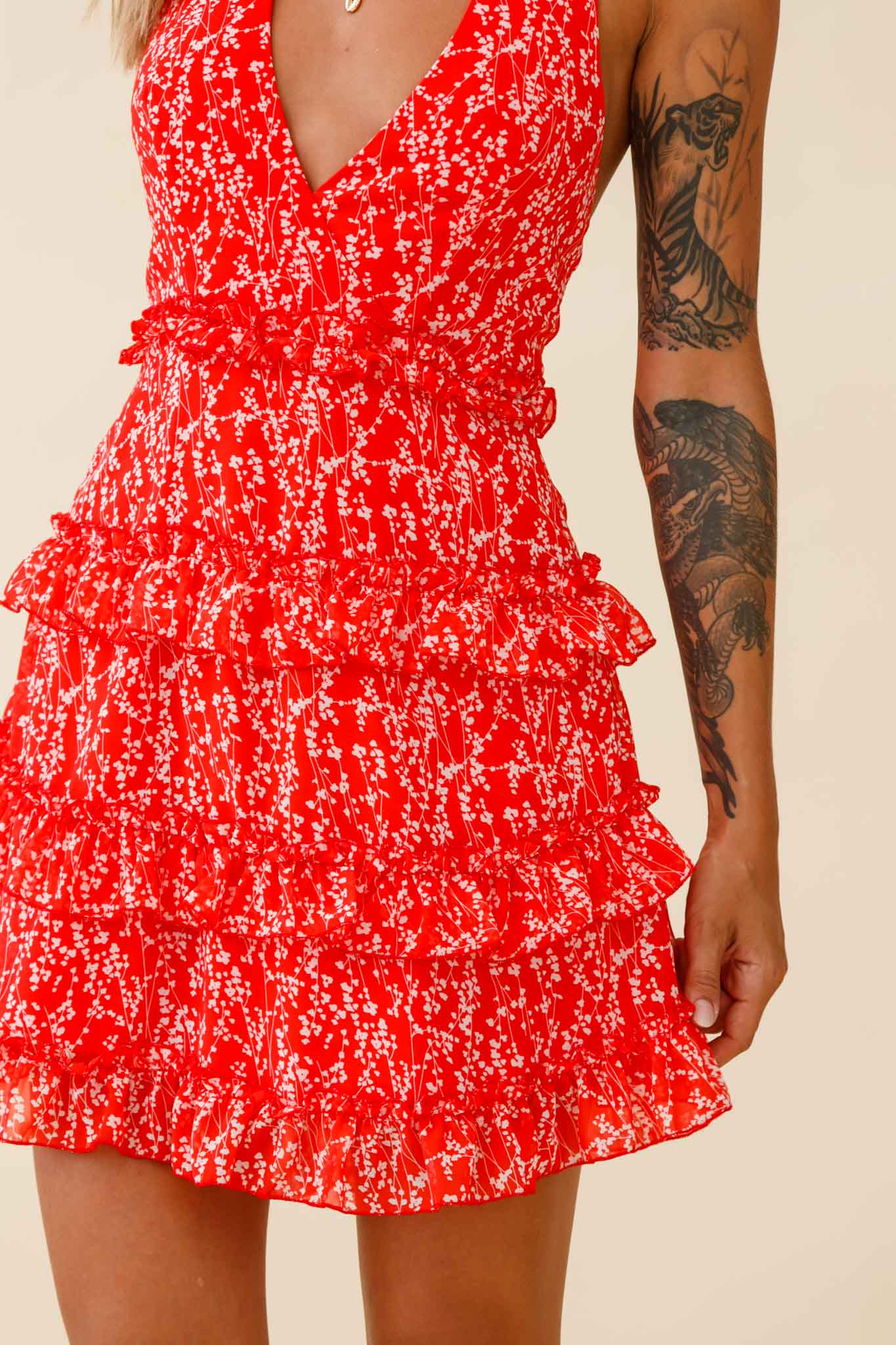 Venezuela Ruffle Trim Tie-Back Halterneck Dress Floral Print Red/White - Image 6