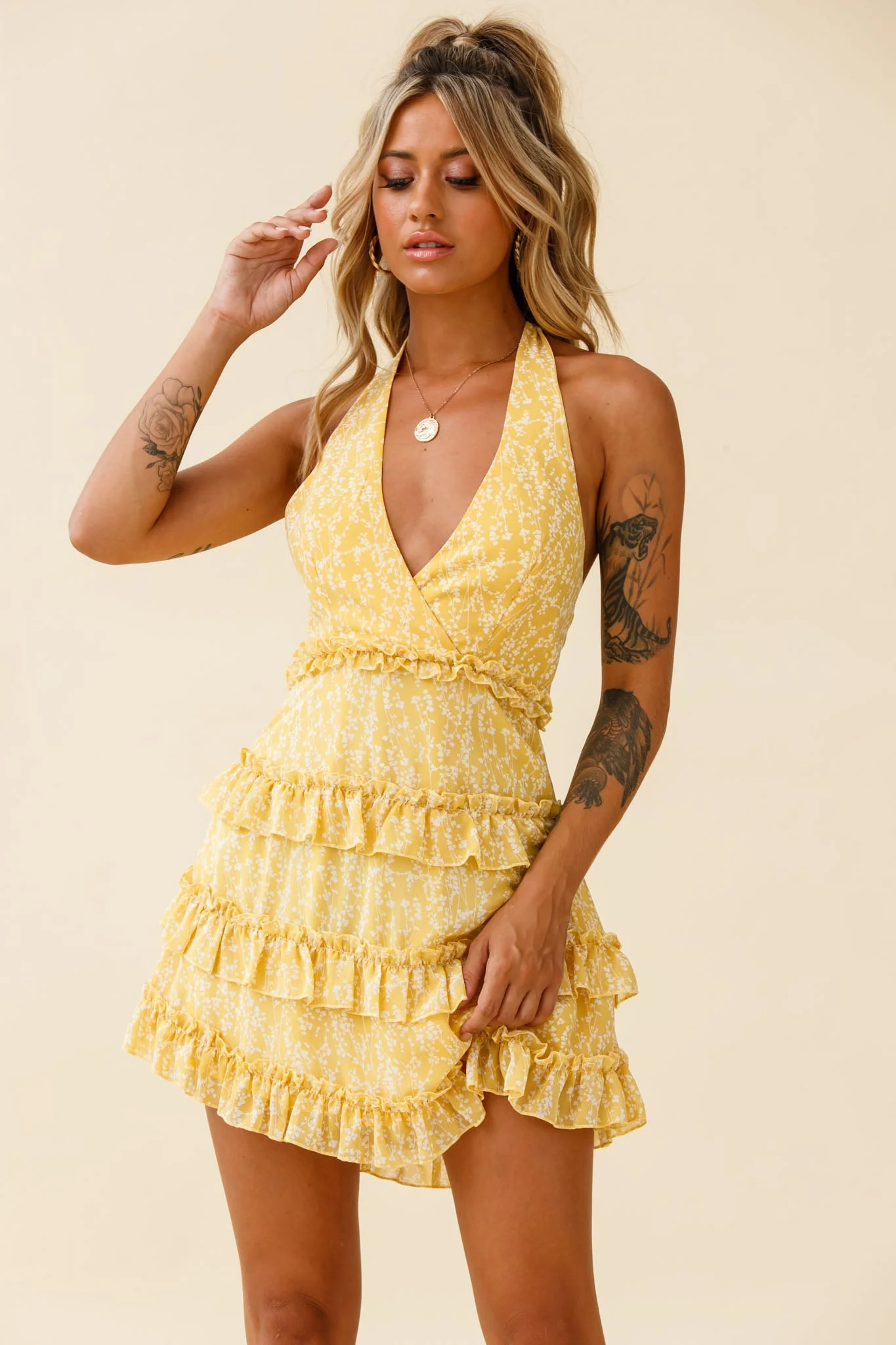 Venezuela Ruffle Trim Tie-Back Halterneck Dress Floral Print Yellow/White - Image 5
