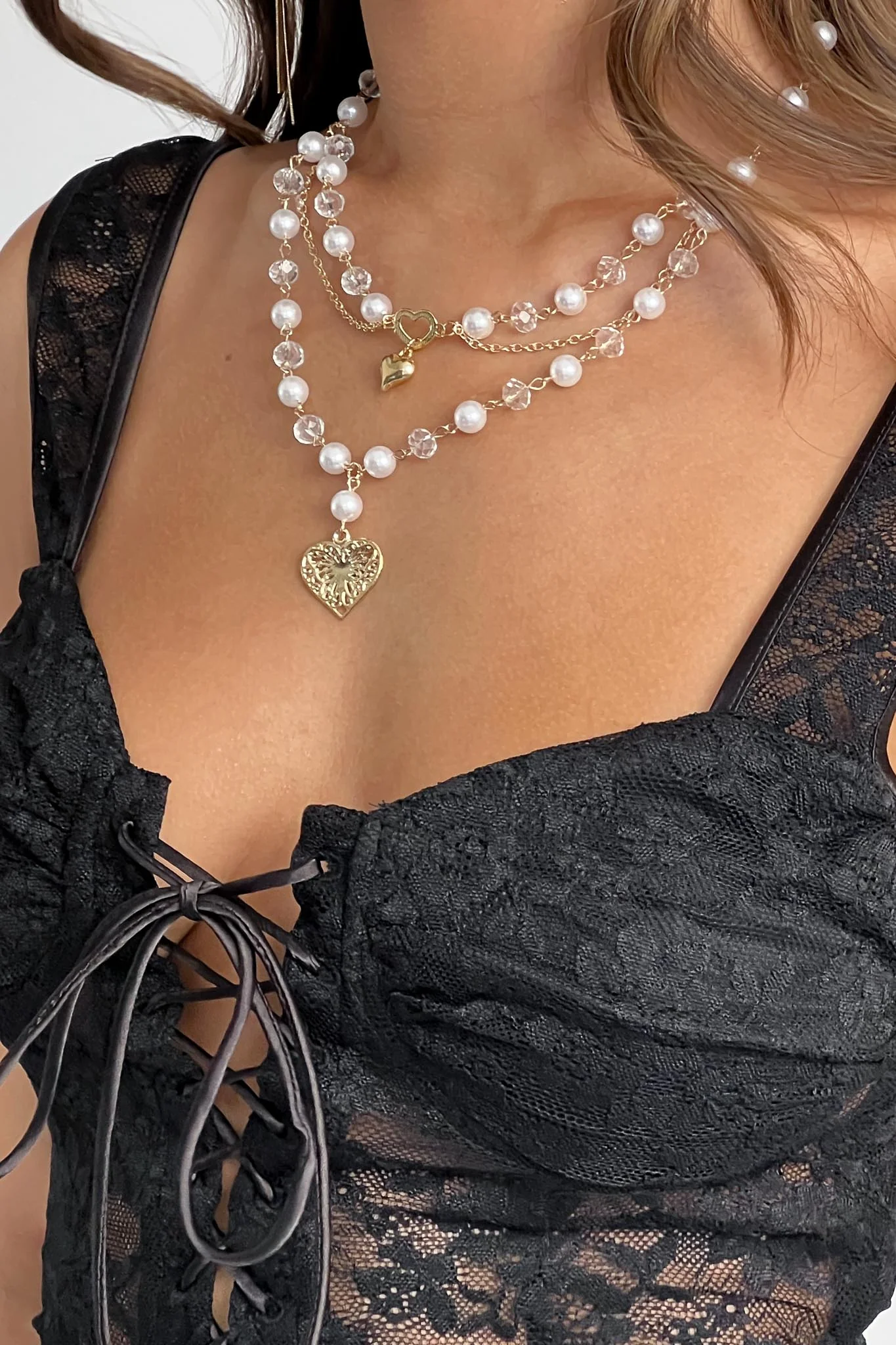 Venus Heart & Pearl Multi-Strand Necklace Gold - Image 2