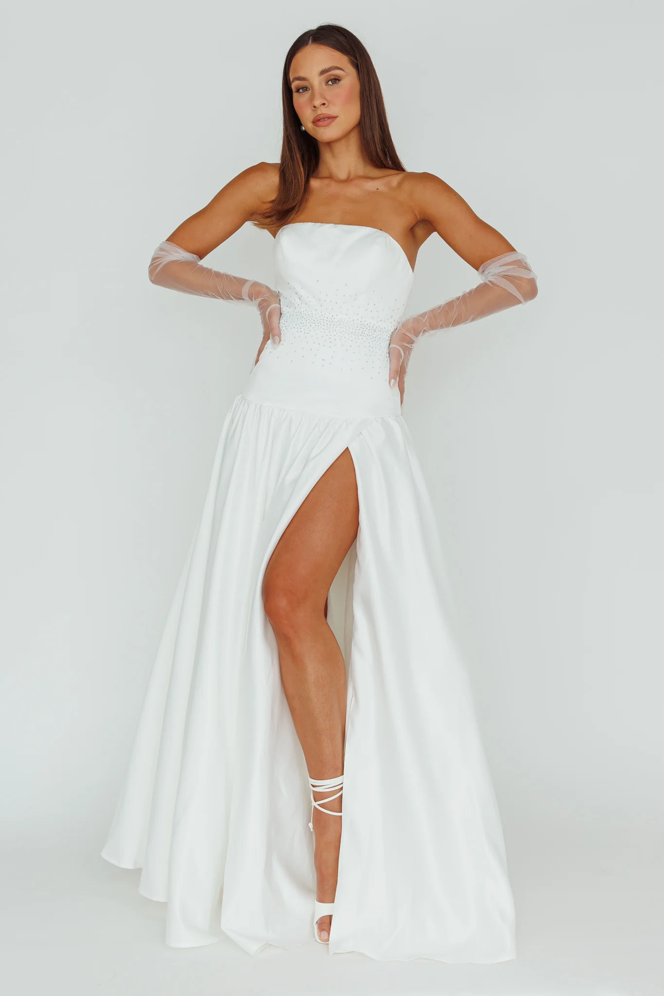 Verily Diamante Drop Waist Maxi Dress White - Image 3