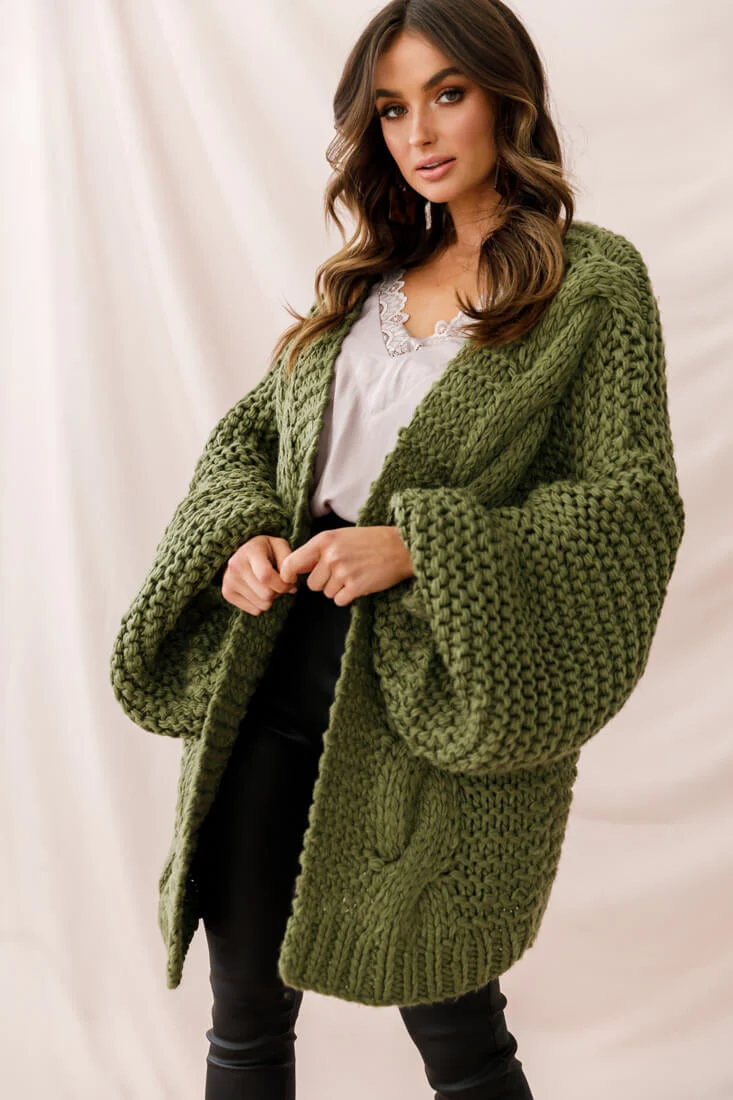 Vermont Oversized Garter Knit Cardigan Olive - Image 2