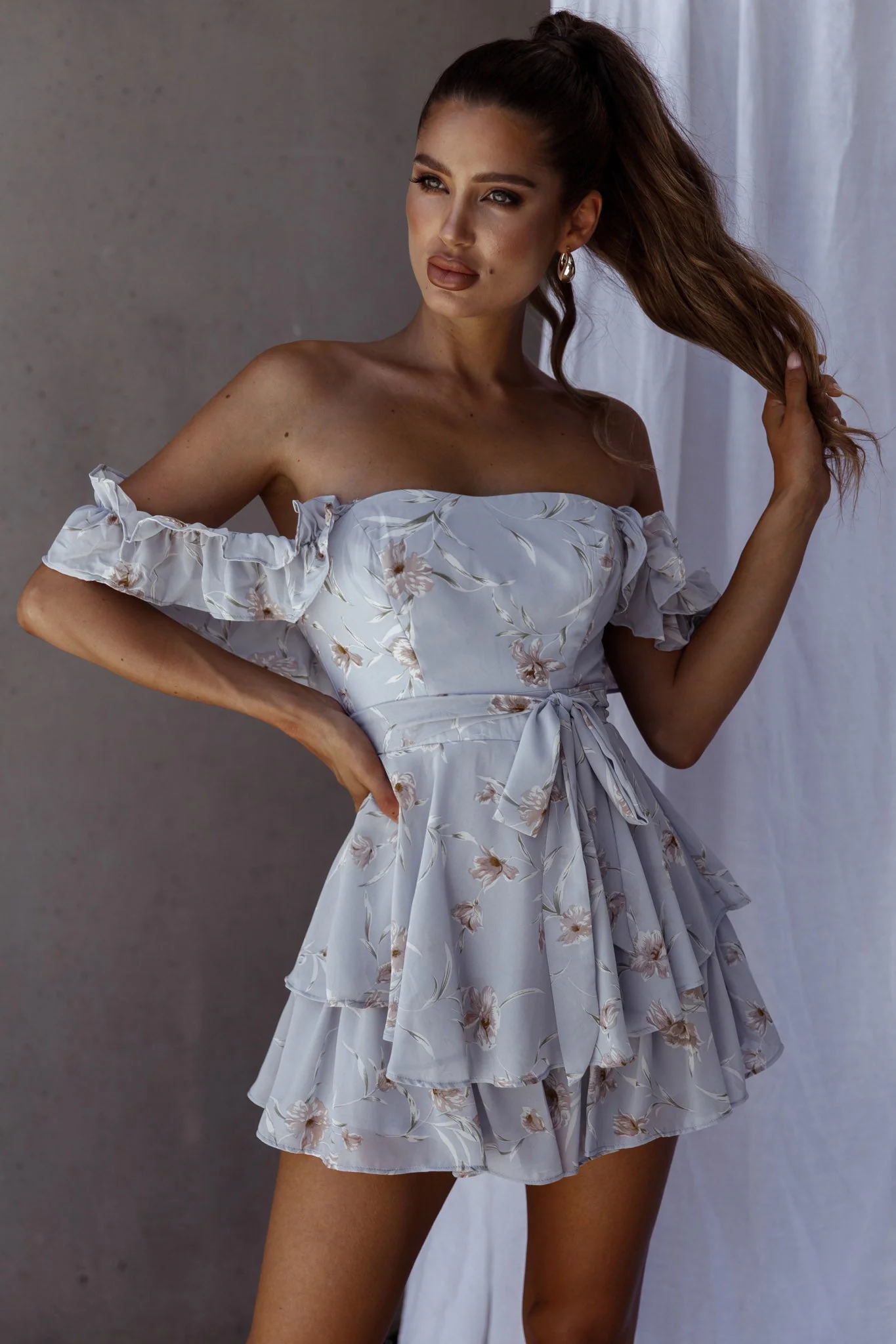 Verona Off-Shoulder Romper Floral Print Blue - Image 6
