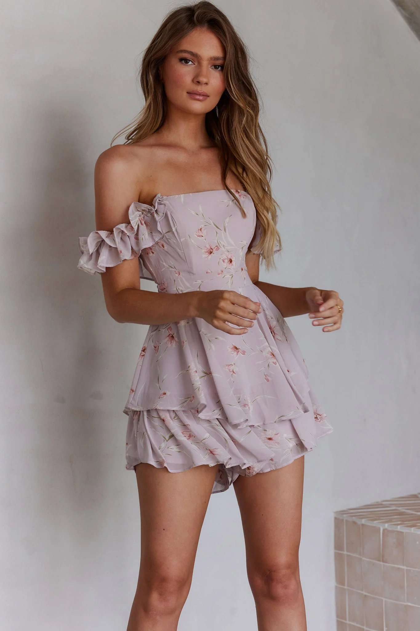 Verona Off-Shoulder Romper Floral Print Pink - Image 4