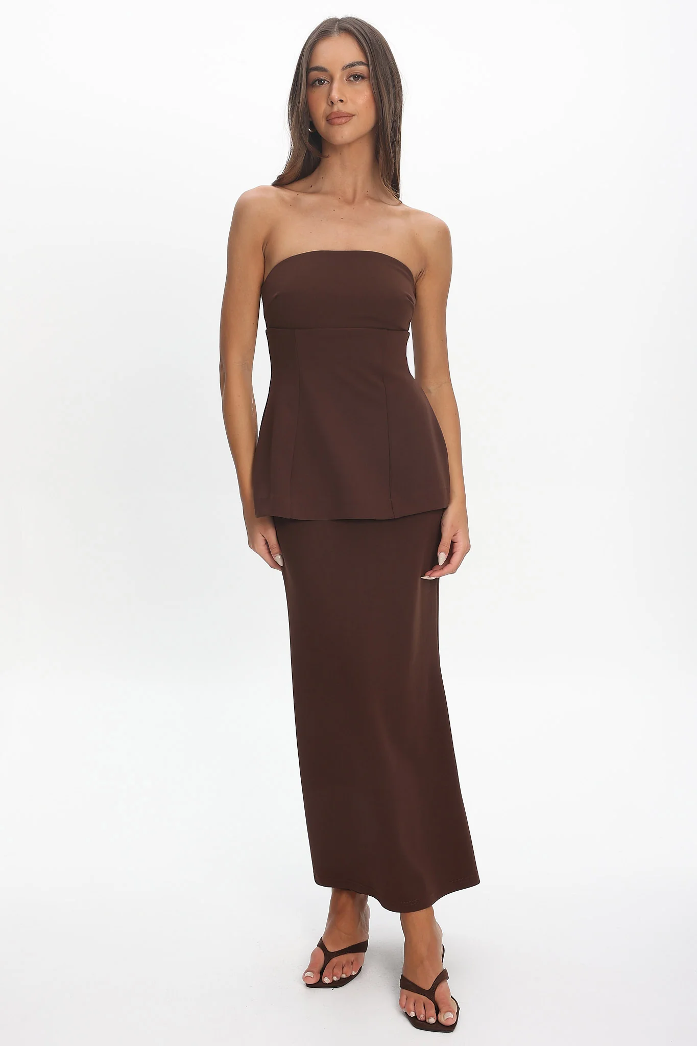 Vicci Strapless Flared Waist Maxi Dress Chocolate - Image 2