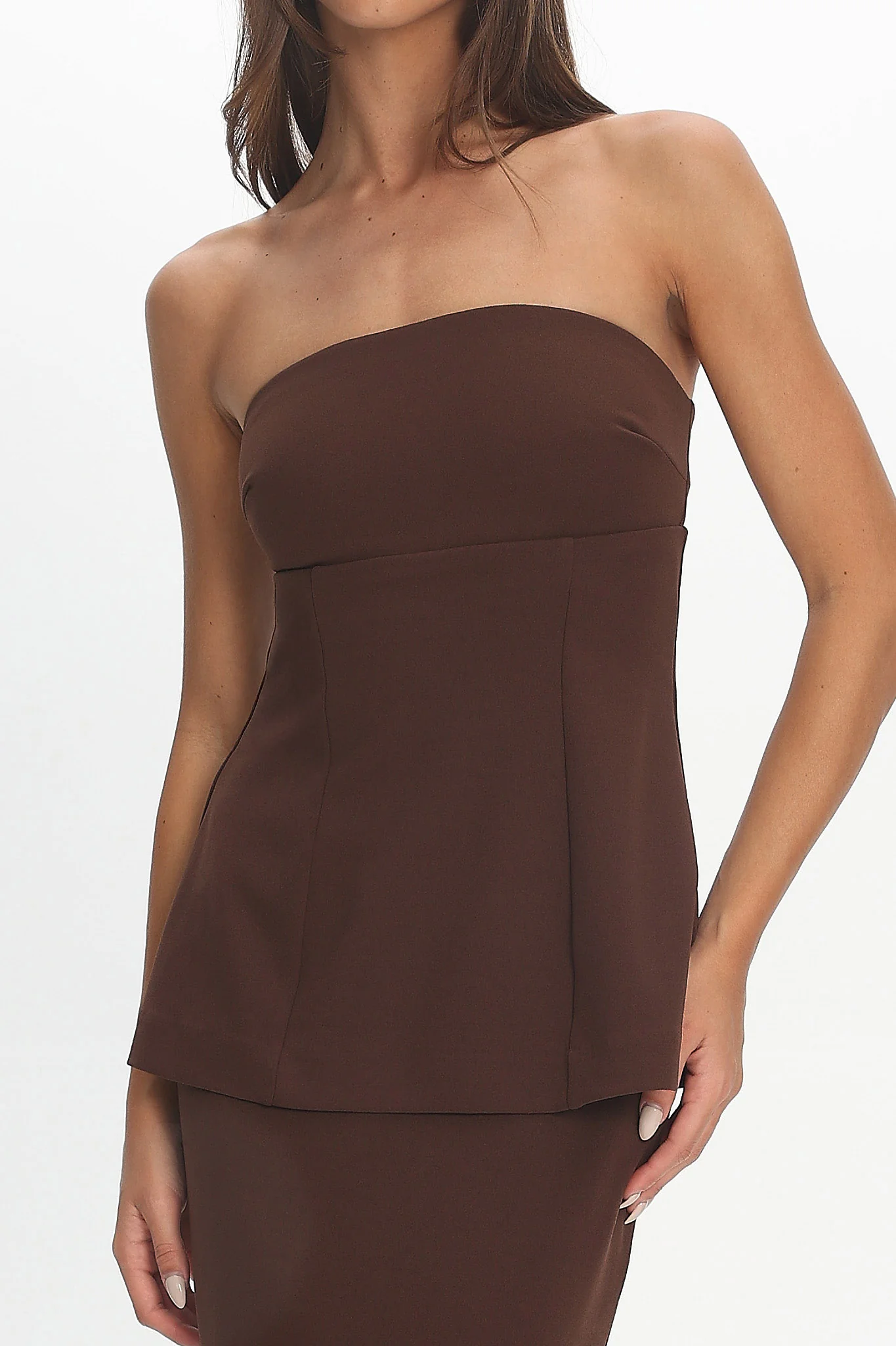 Vicci Strapless Flared Waist Maxi Dress Chocolate - Image 4
